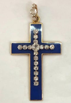 18 Karat Rose Gold Enamel and Diamond Cross Pendant