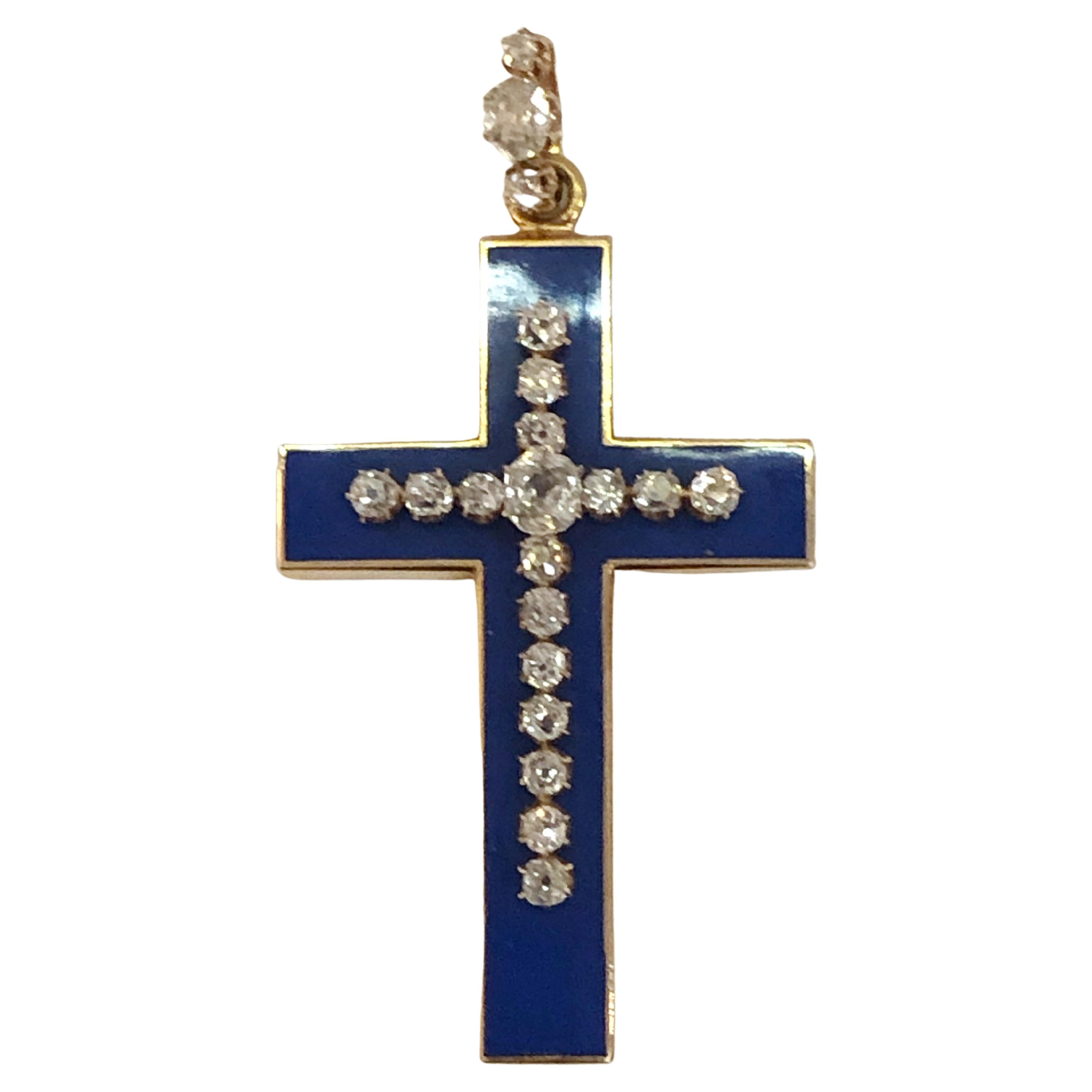 18 Karat Rose Gold Enamel and Diamond Cross Pendant For Sale