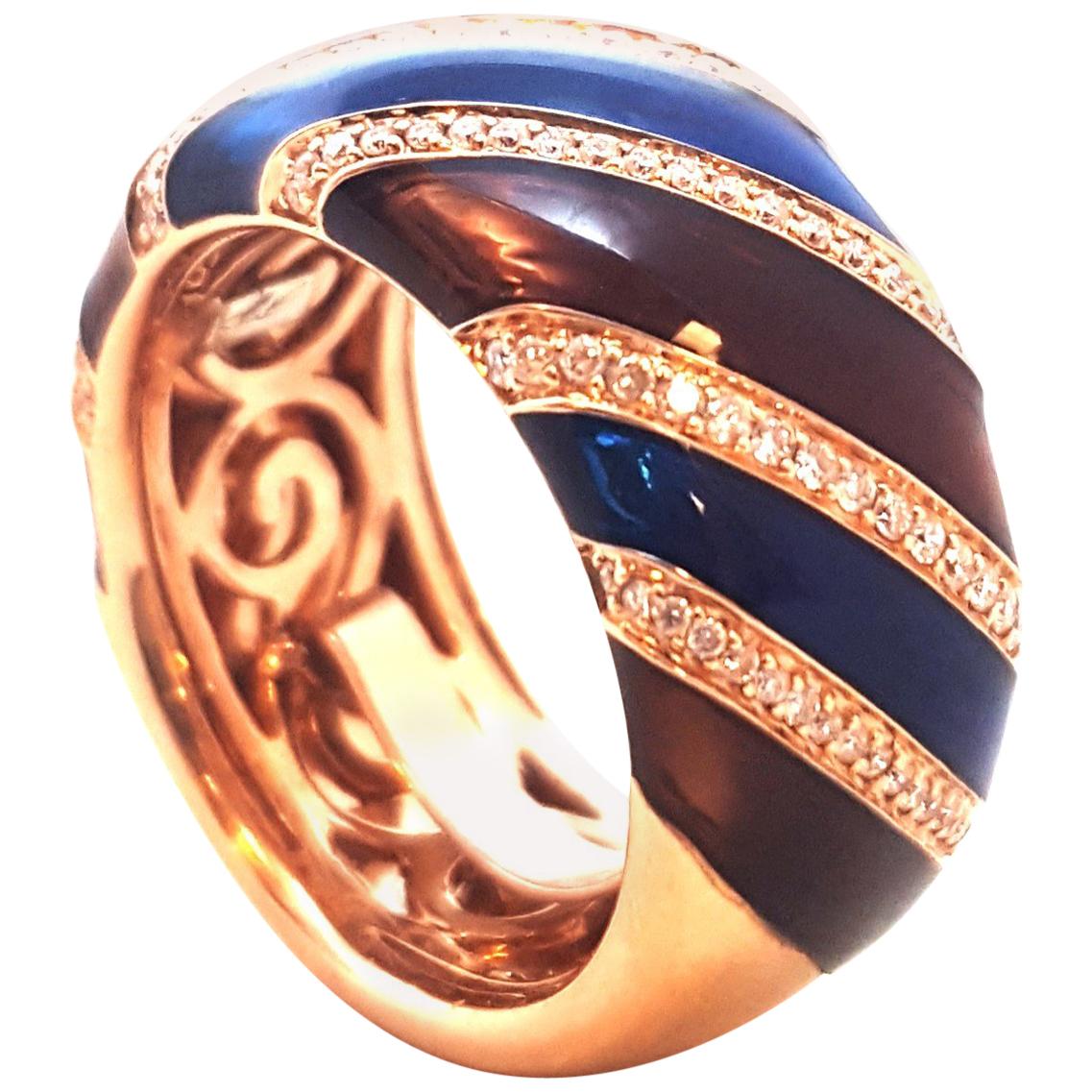 18 Karat Rose Gold Enamel and Diamonds Band Style Ring For Sale