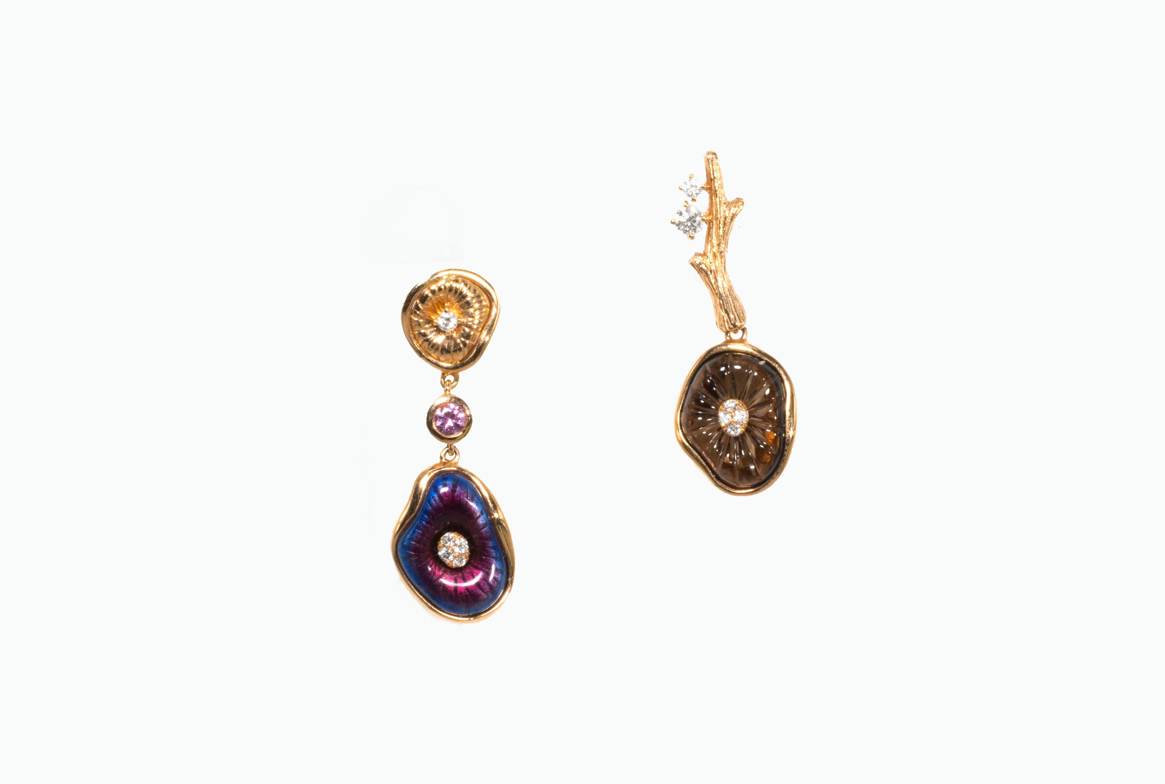 Hot Enamel Mushroom Earrings in 18K Rose Gold set with pink sapphire, carved smoky quartz and diamond
