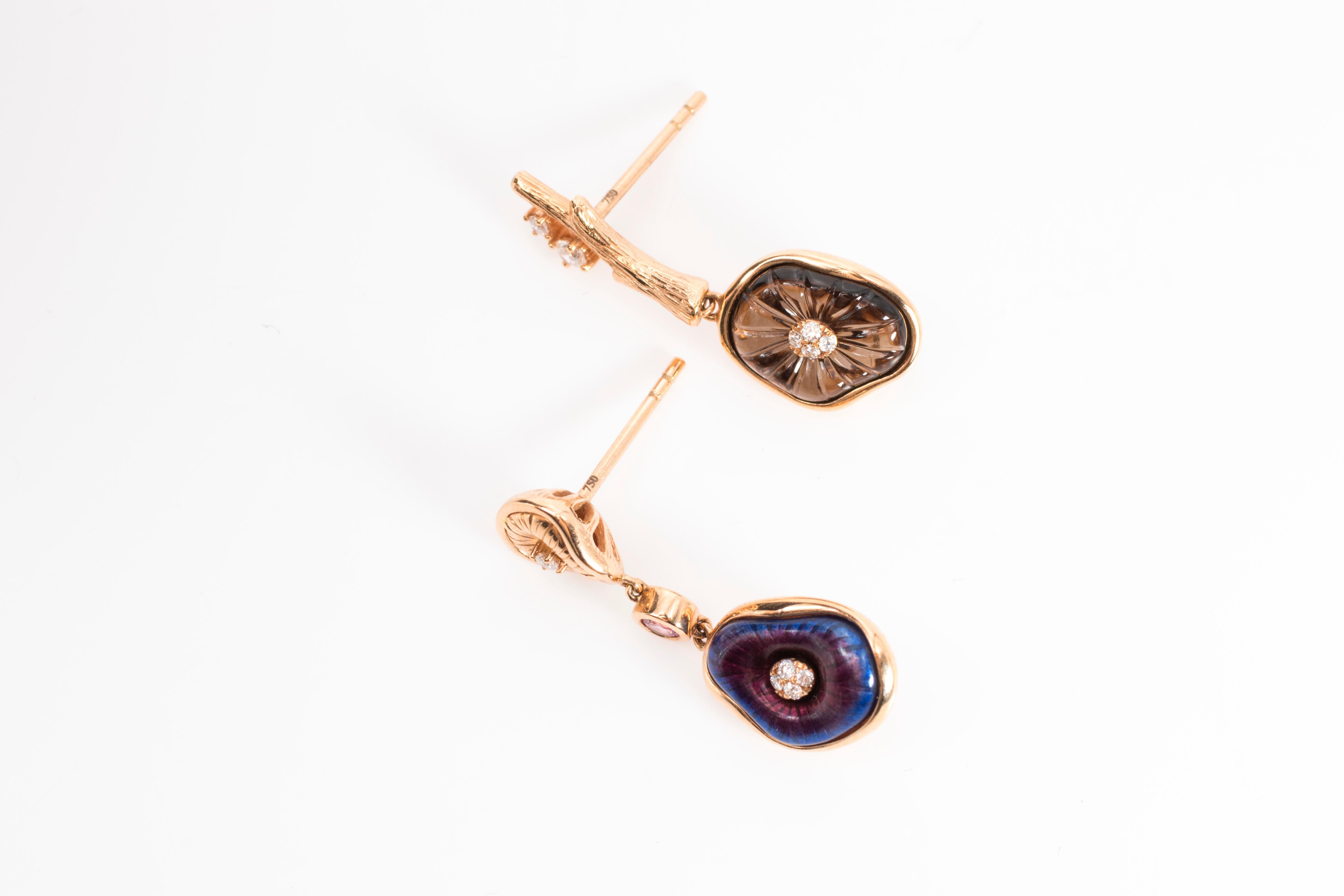 18 Karat Rose Gold Enamel Mushroom Earrings with Sapphire, Quartz and Diamond In New Condition For Sale In Hong Kong, APAC - East Asia