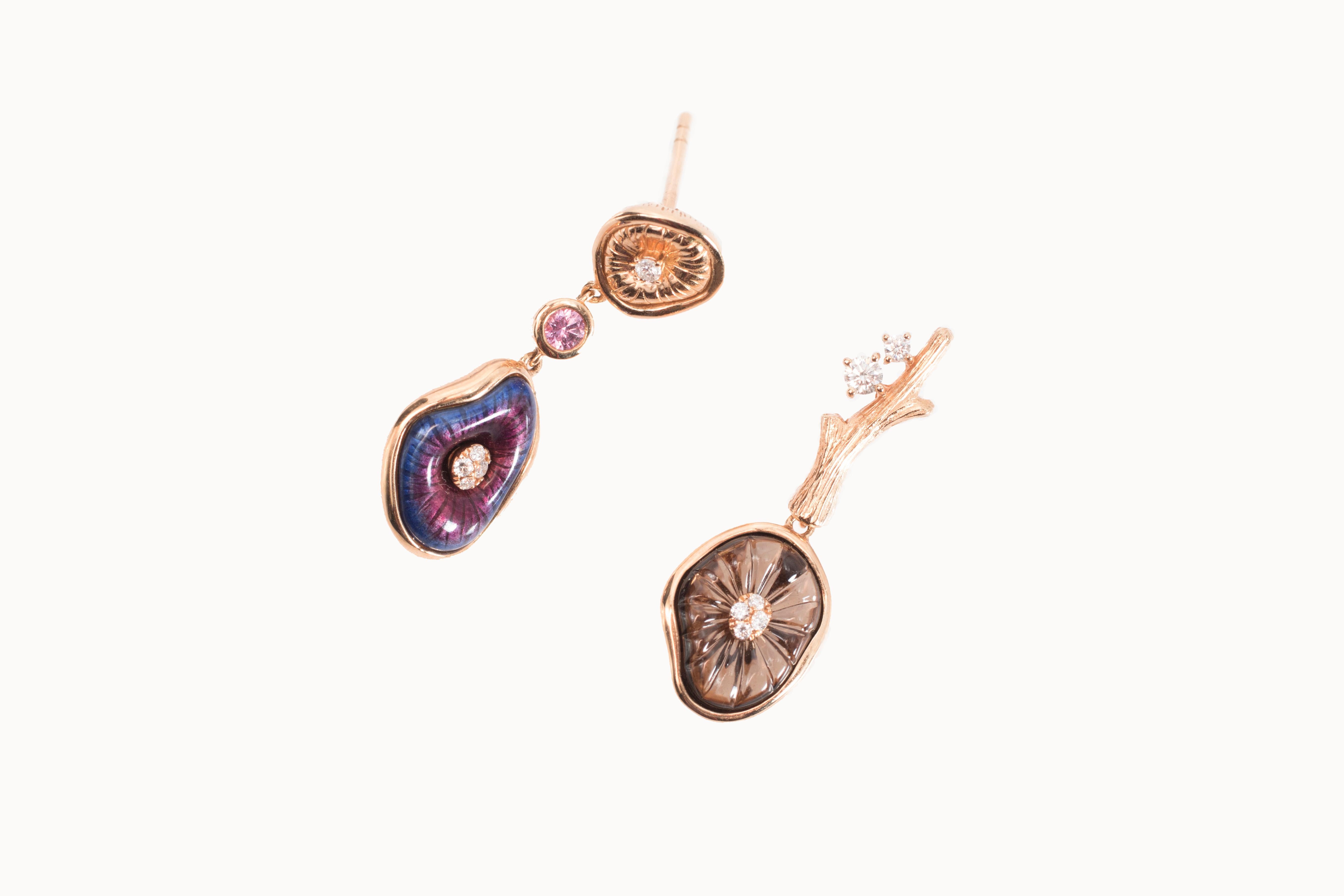 18 Karat Rose Gold Enamel Mushroom Earrings with Sapphire, Quartz and Diamond For Sale 1