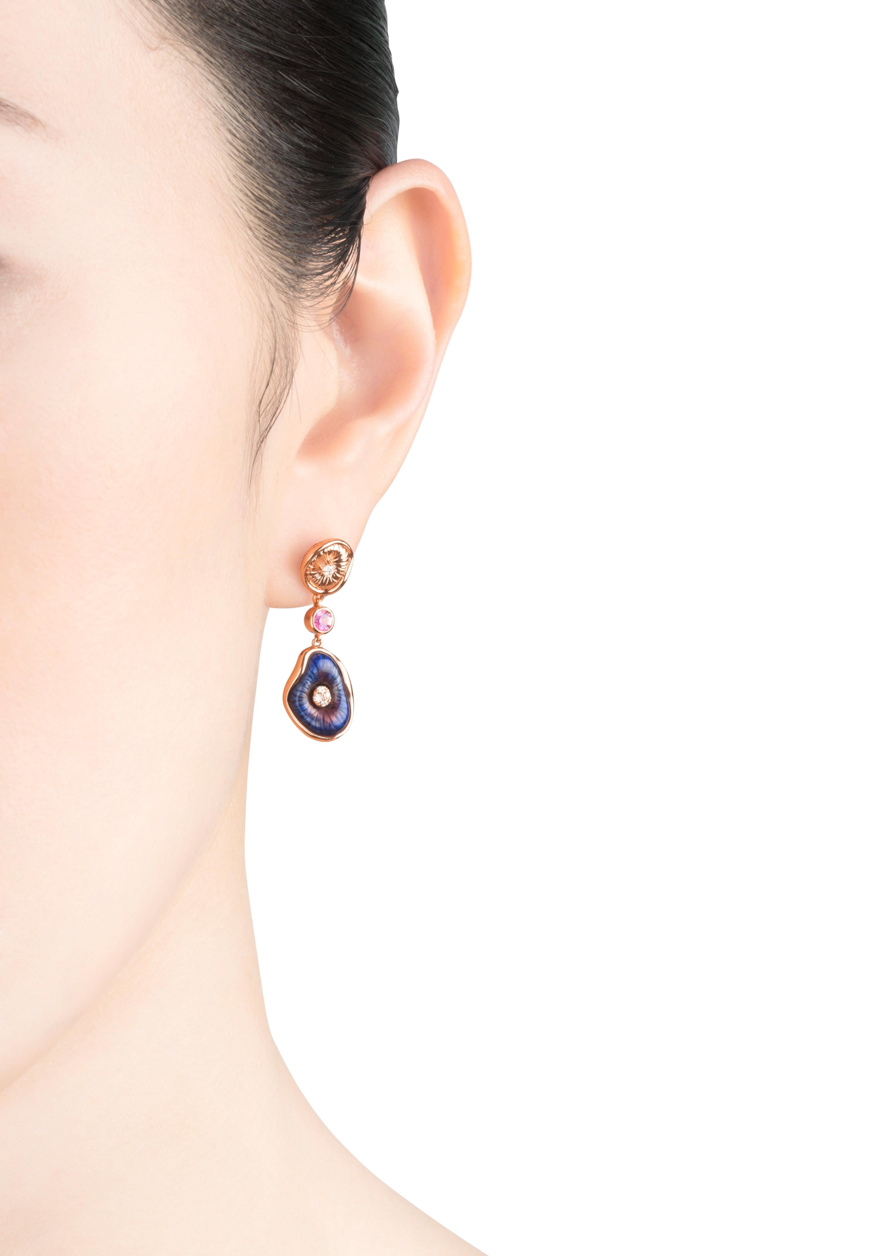 18 Karat Rose Gold Enamel Mushroom Earrings with Sapphire, Quartz and Diamond For Sale 2