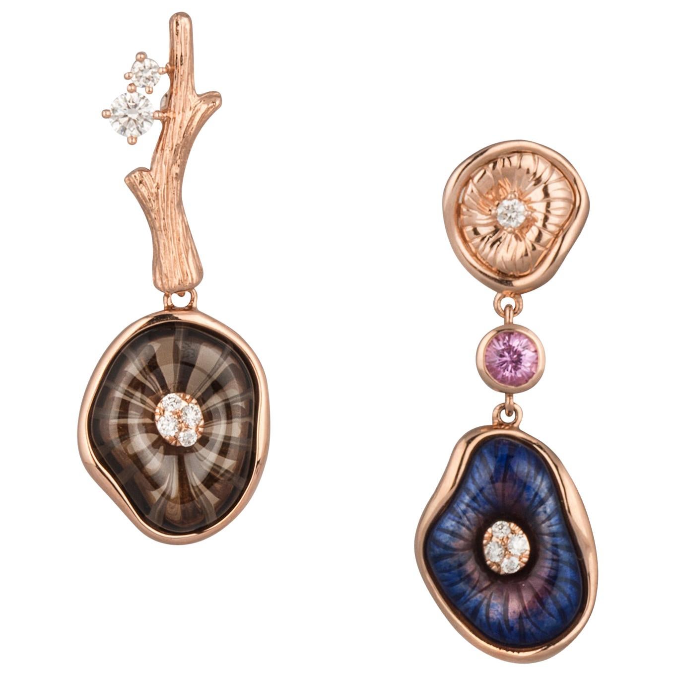 18 Karat Rose Gold Enamel Mushroom Earrings with Sapphire, Quartz and Diamond For Sale