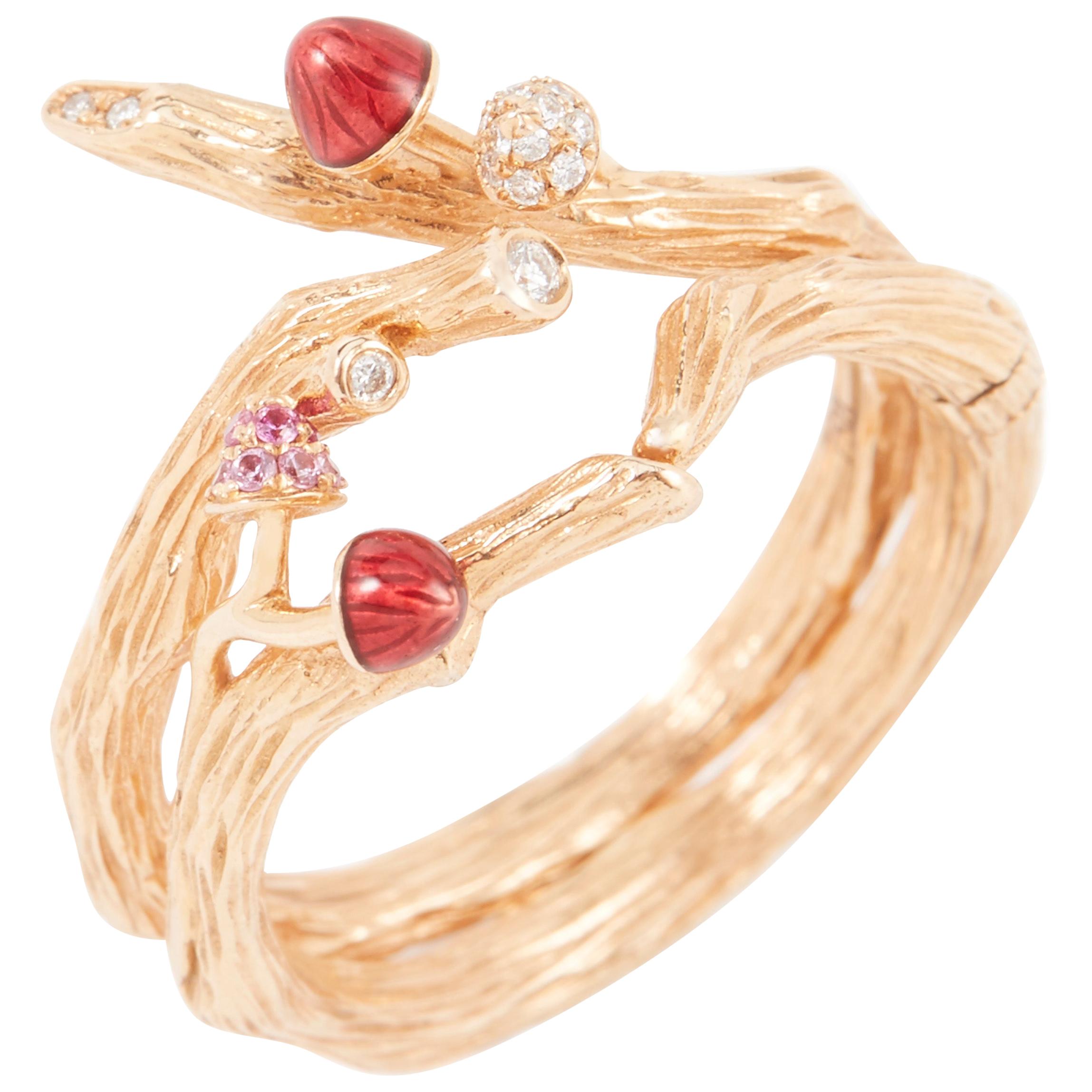 18 Karat Rose Gold Enamel Mushroom Ring with Pink Sapphire and White Diamond For Sale