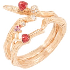 18 Karat Rose Gold Enamel Mushroom Ring with Pink Sapphire and White Diamond