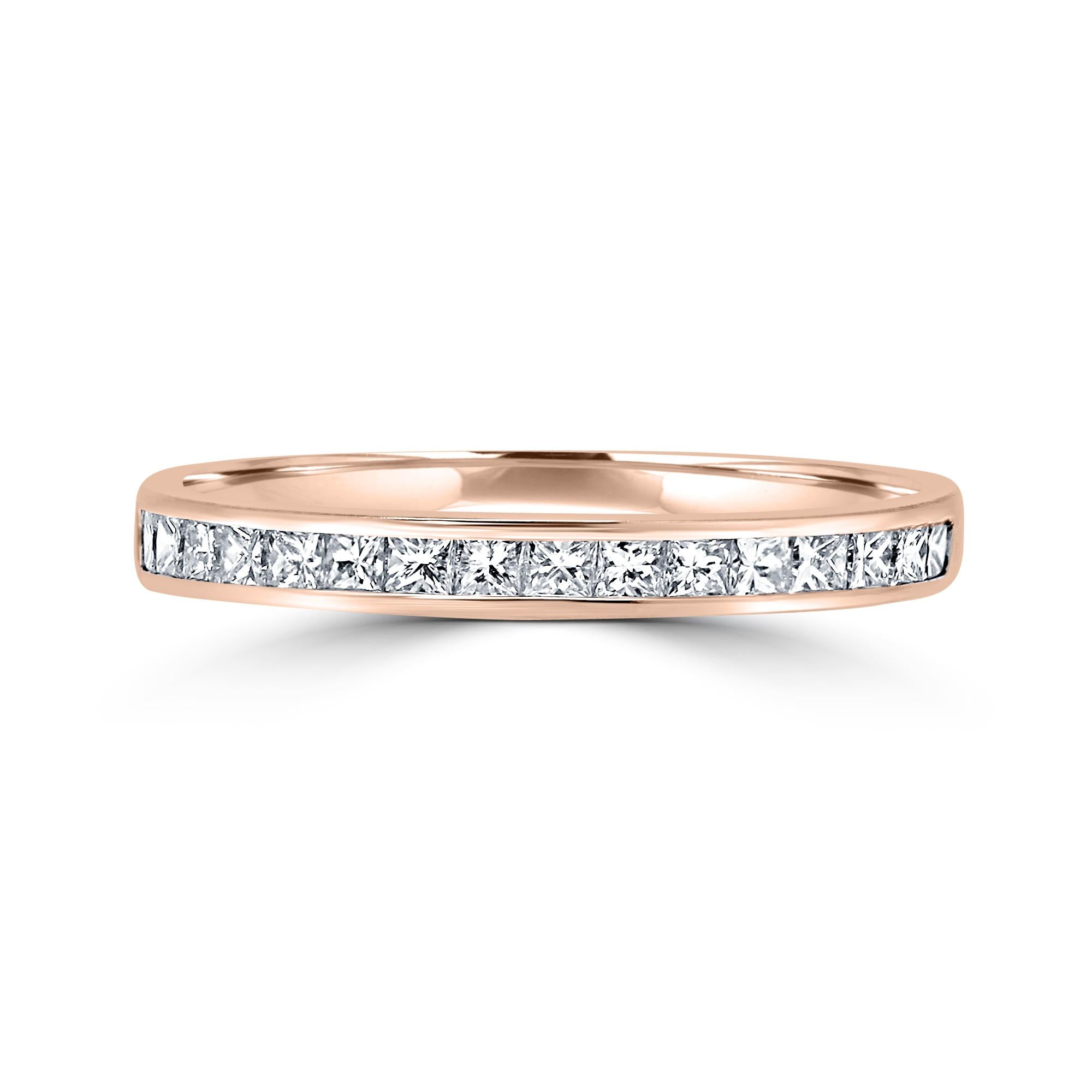 Contemporary 18 Karat Rose Gold Eternity Ring Band Half Set with Princess Cut Diamonds For Sale