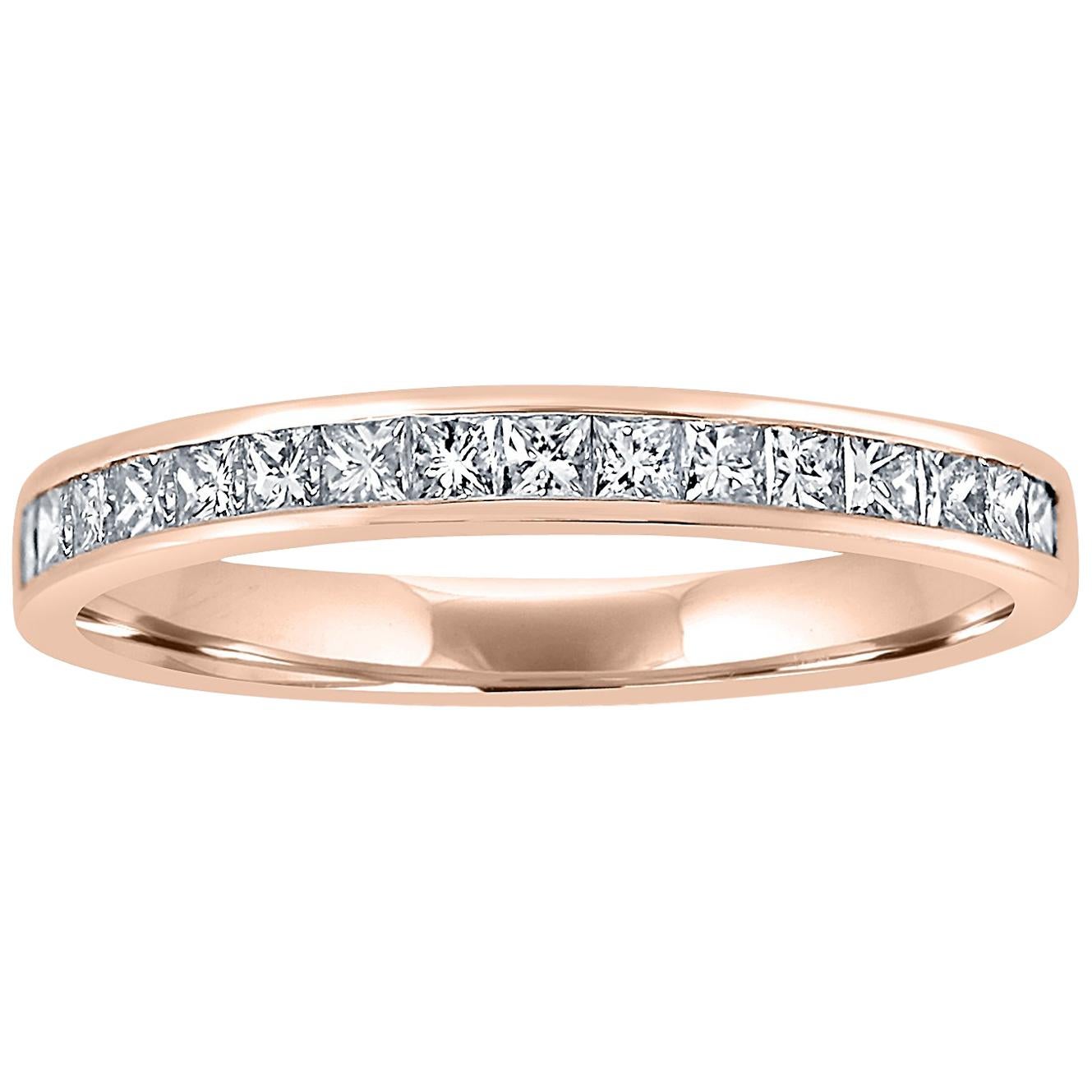 18 Karat Rose Gold Eternity Ring Band Half Set with Princess Cut Diamonds For Sale