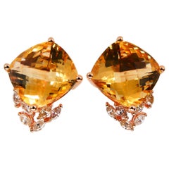 18 Karat Rose Gold Faceted Citrine 13.19 Carat and Diamond Stud Earrings