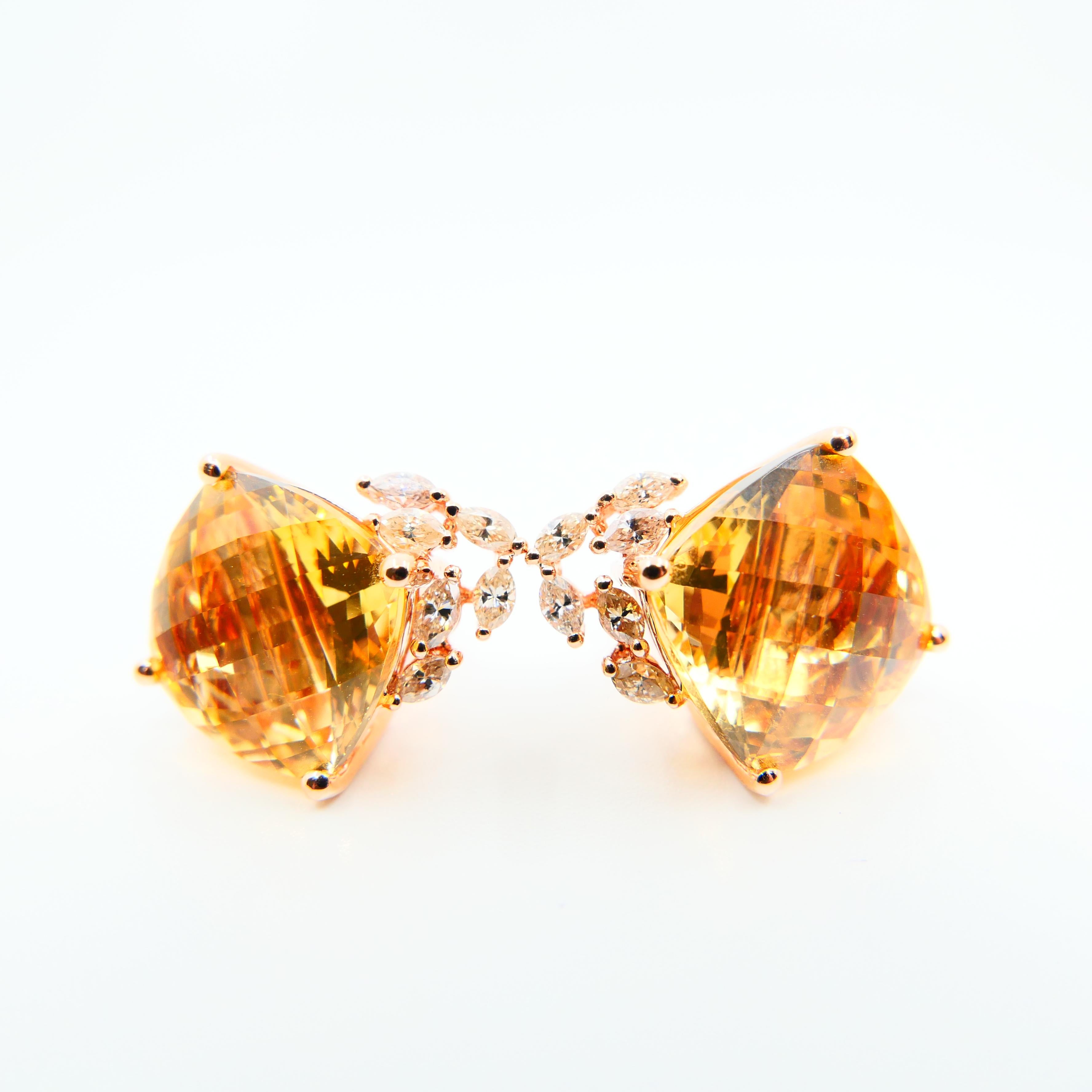 Taille coussin Clous d'oreilles en or rose 18 carats, citrine facettée 13,19 carats et diamants. XXL en vente