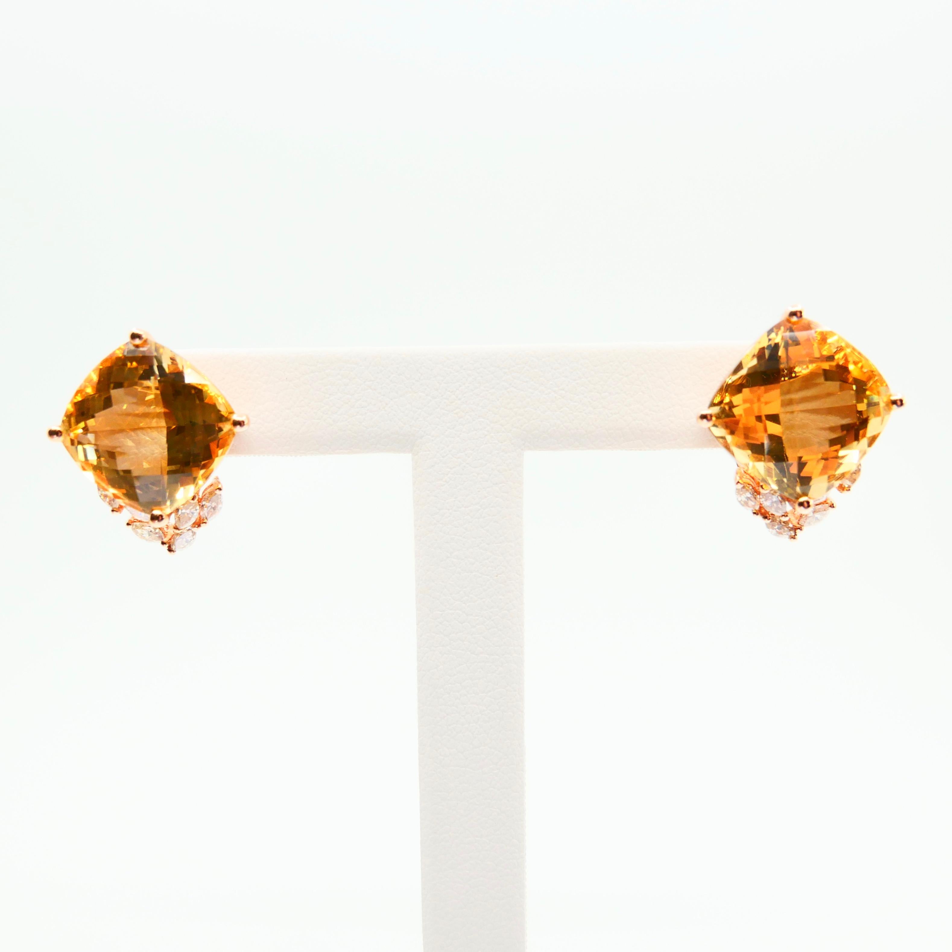 Clous d'oreilles en or rose 18 carats, citrine facettée 13,19 carats et diamants. XXL Neuf - En vente à Hong Kong, HK