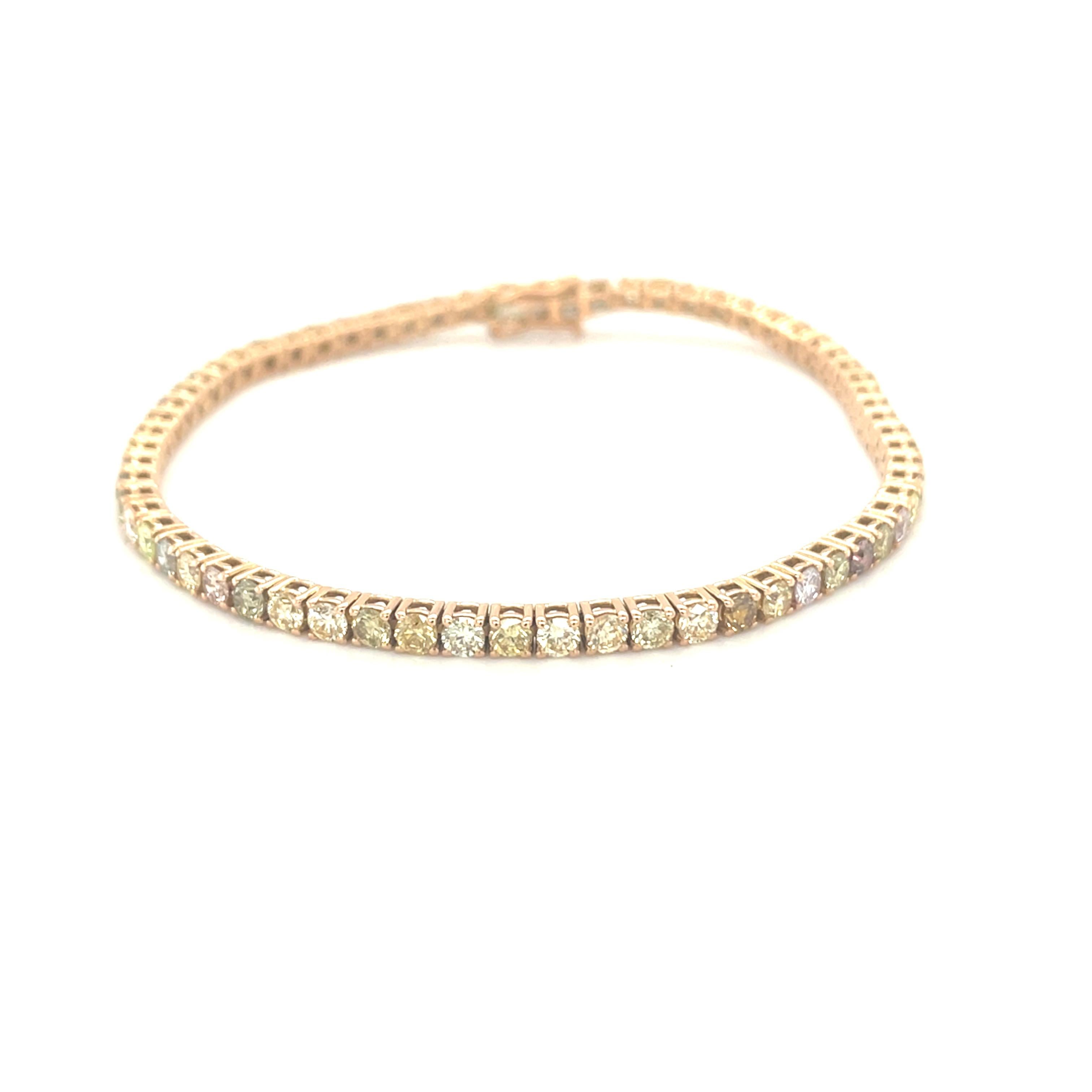 Contemporary 18 Karat Rose Gold Fancy Diamond Tennis Bracelet For Sale