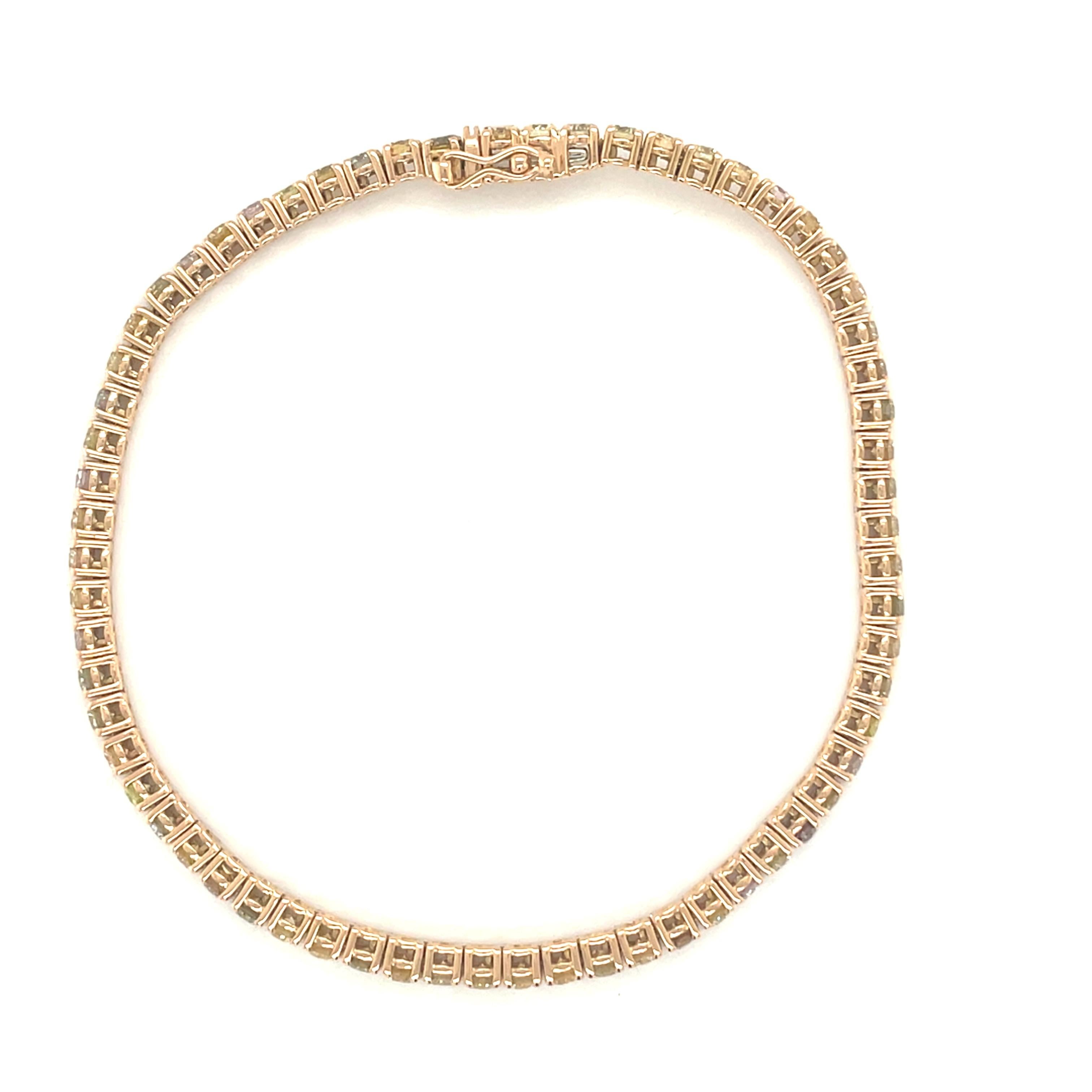 Round Cut 18 Karat Rose Gold Fancy Diamond Tennis Bracelet For Sale