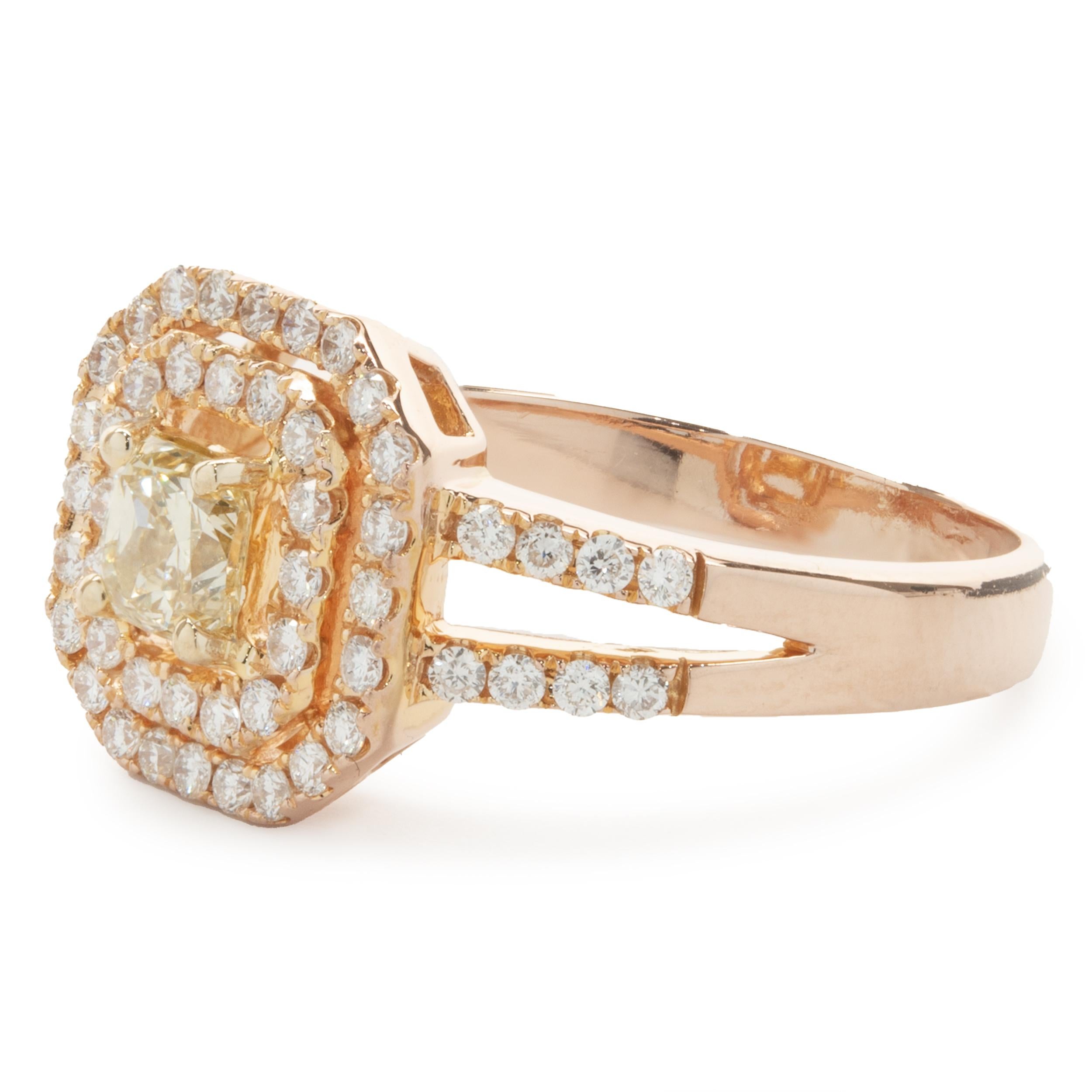 18 Karat Rose Gold Fancy Yellow and White Diamond Engagement Ring In Excellent Condition For Sale In Scottsdale, AZ