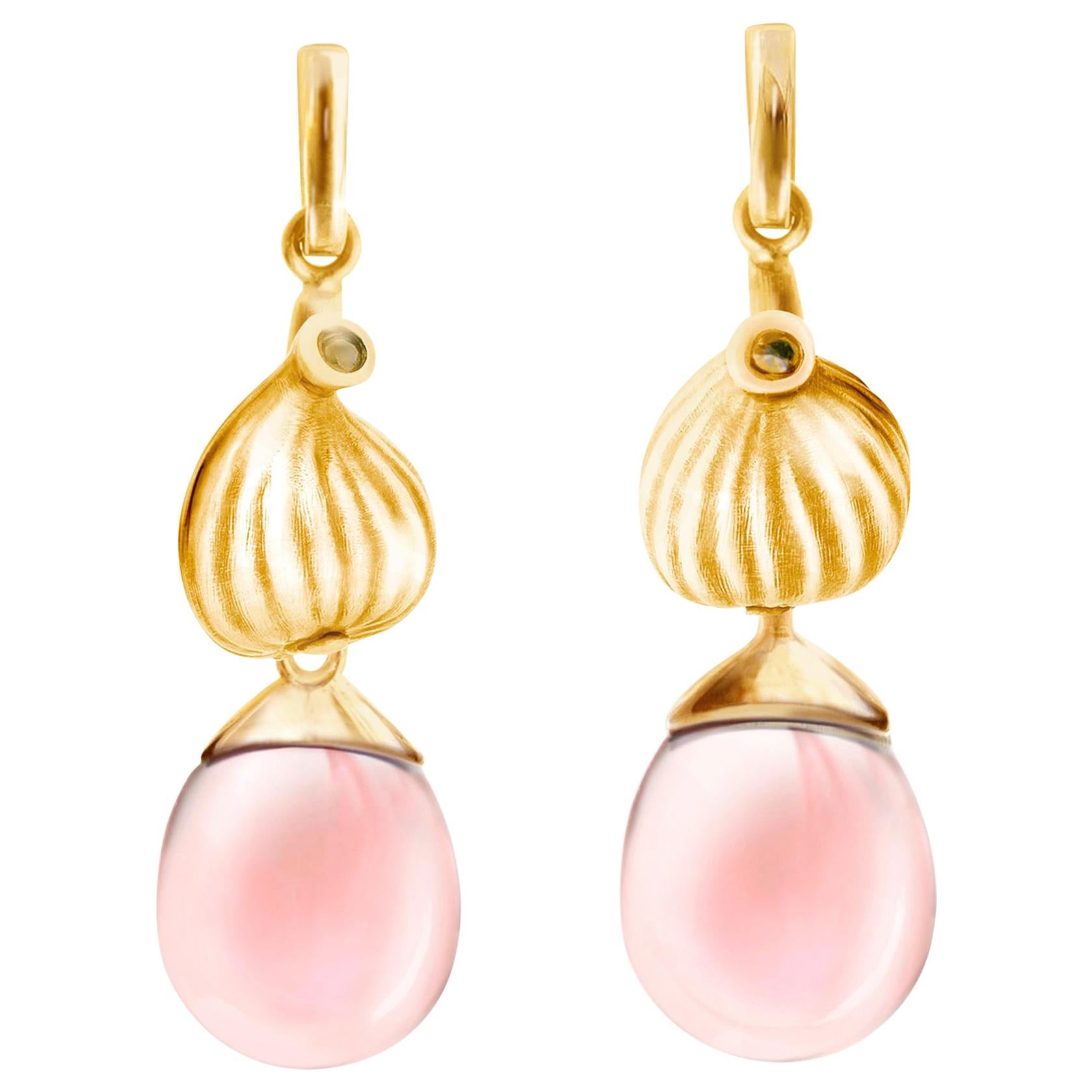 18 Karat Rose Gold Fig Cocktail Transformer Earrings with Pink Quartzes For Sale