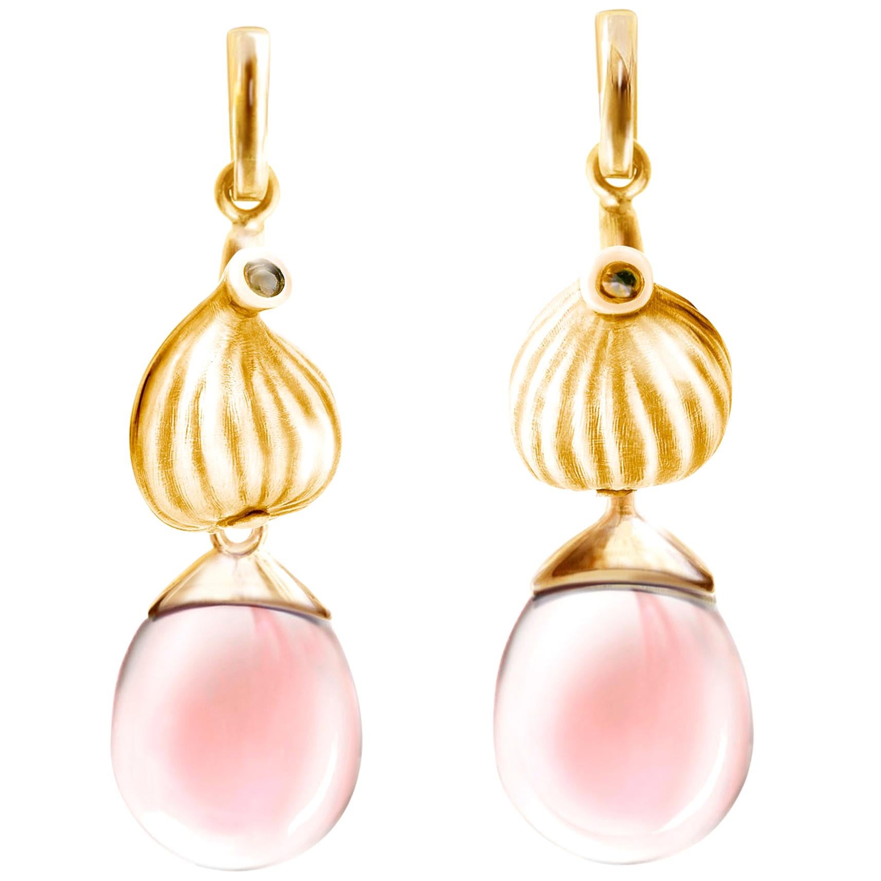 Eighteen Karat Rose Gold Fig Cocktail Earrings with Rose Quartzes For Sale