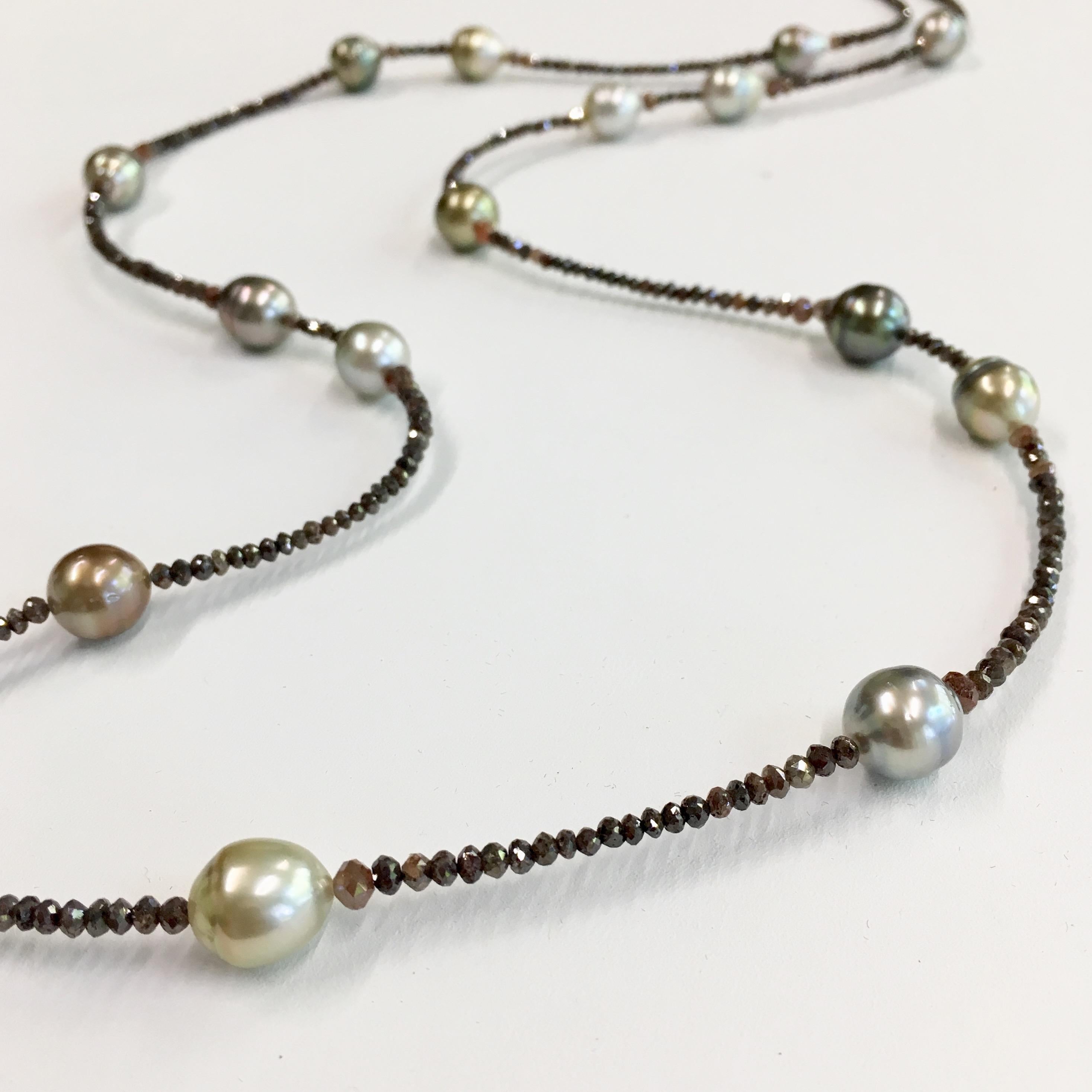 18 Karat Rose Gold Fiji Pearl and Diamond Beaded Necklace For Sale 1