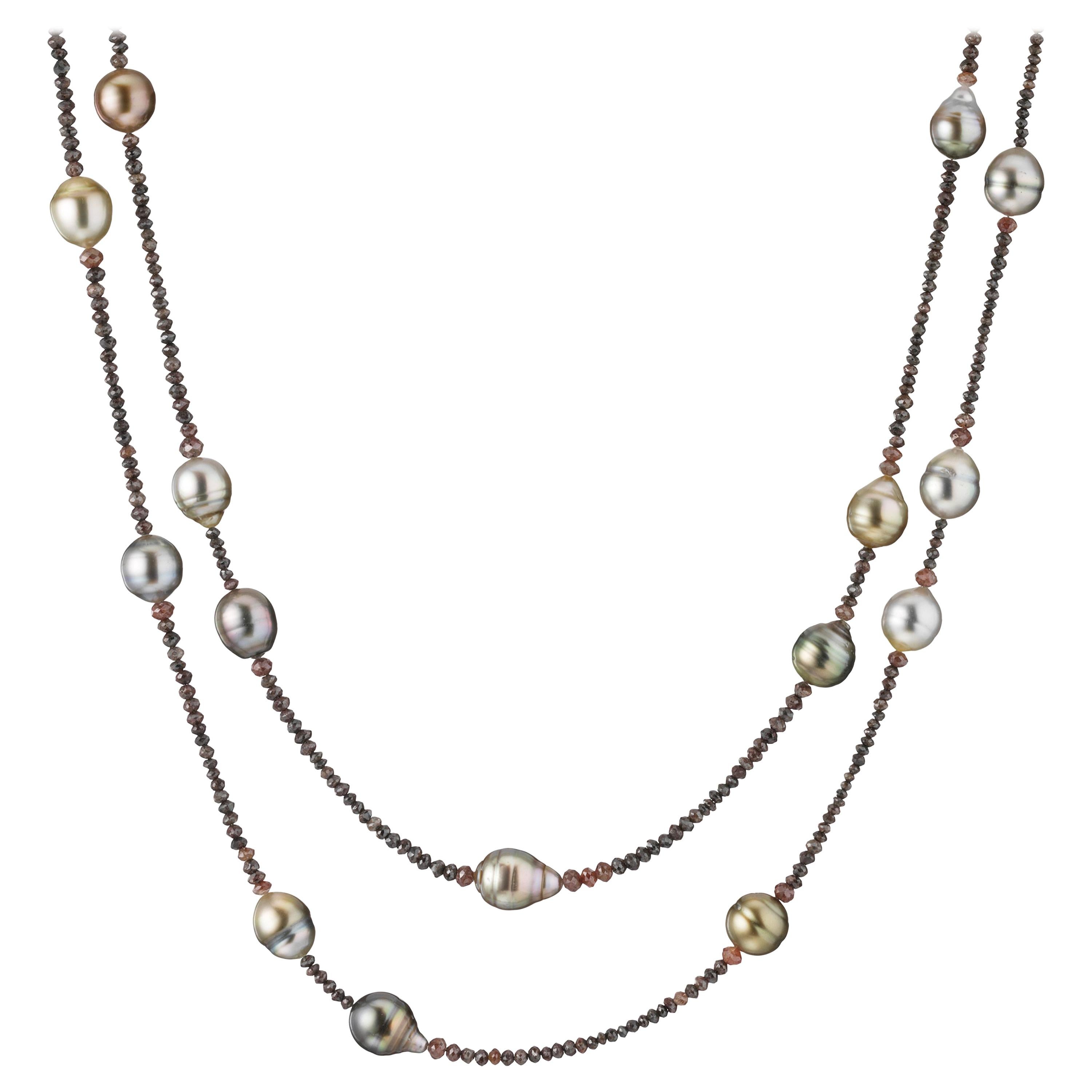 18 Karat Rose Gold Fiji Pearl and Diamond Beaded Necklace For Sale