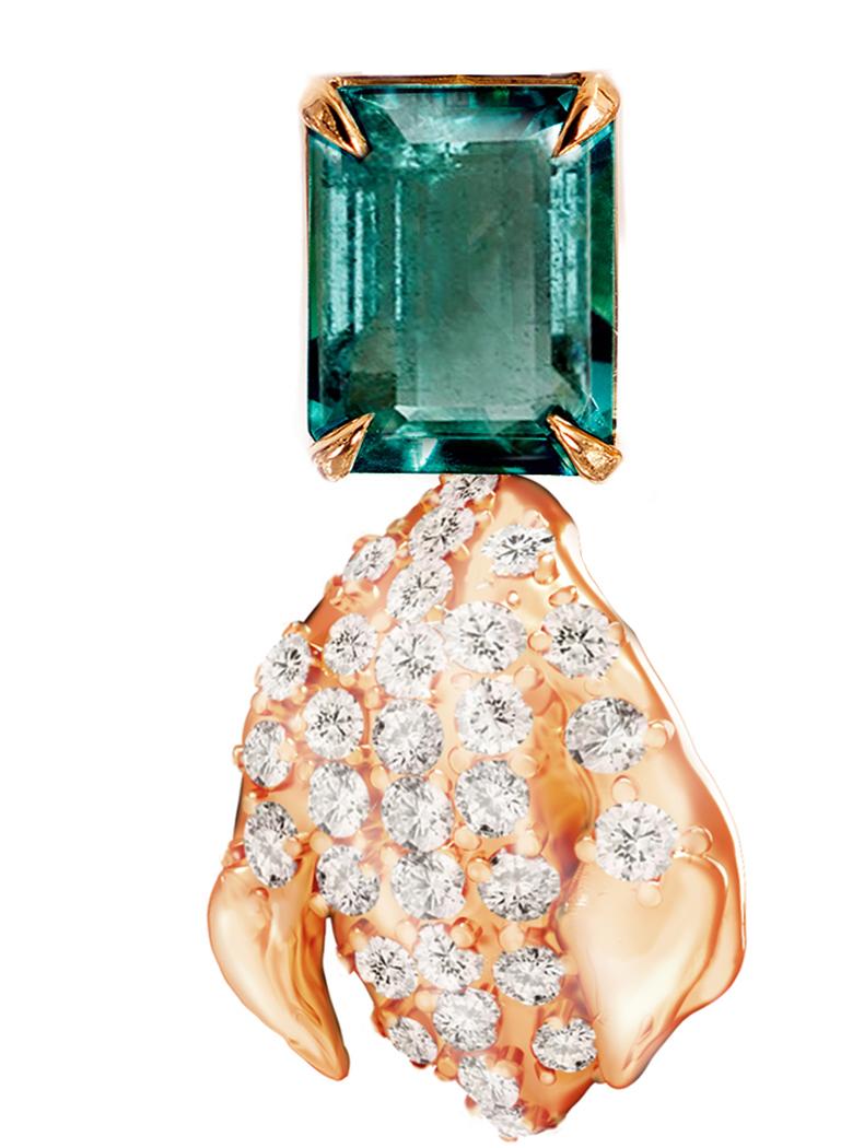 Blumenbrosche aus Roségold mit dreißig Diamanten und Smaragd des Künstlers im Angebot 1