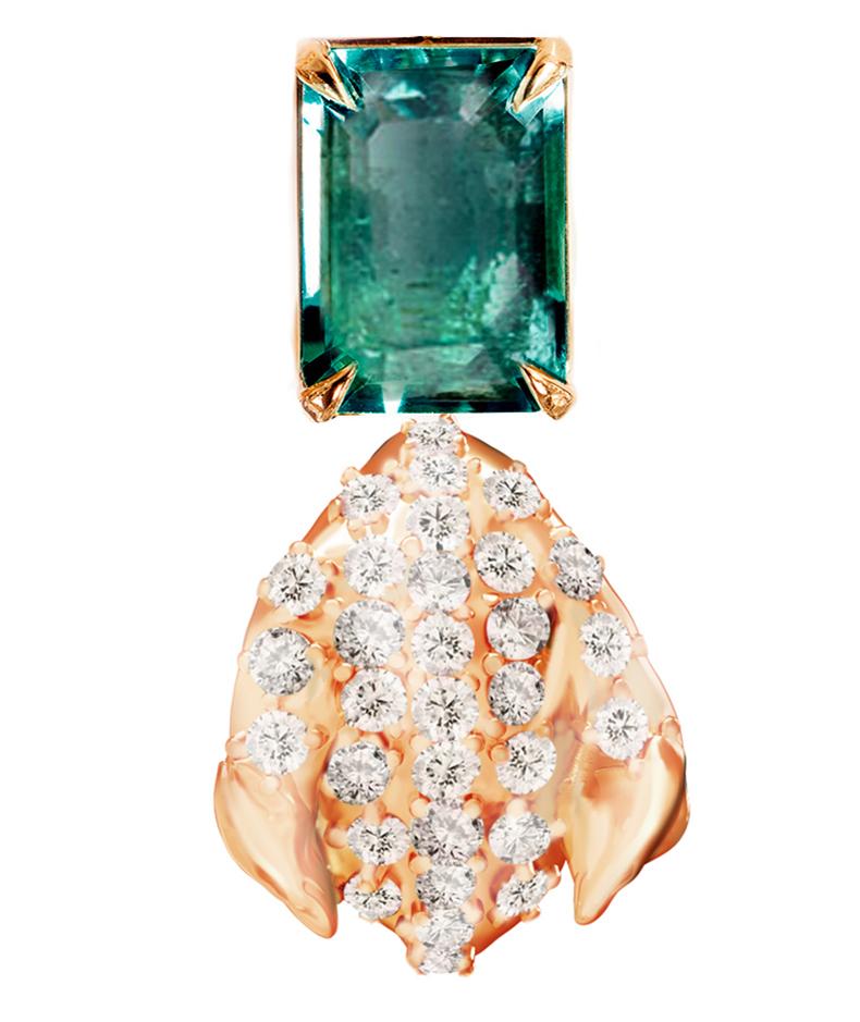 Blumenbrosche aus Roségold mit dreißig Diamanten und Smaragd des Künstlers im Angebot 2