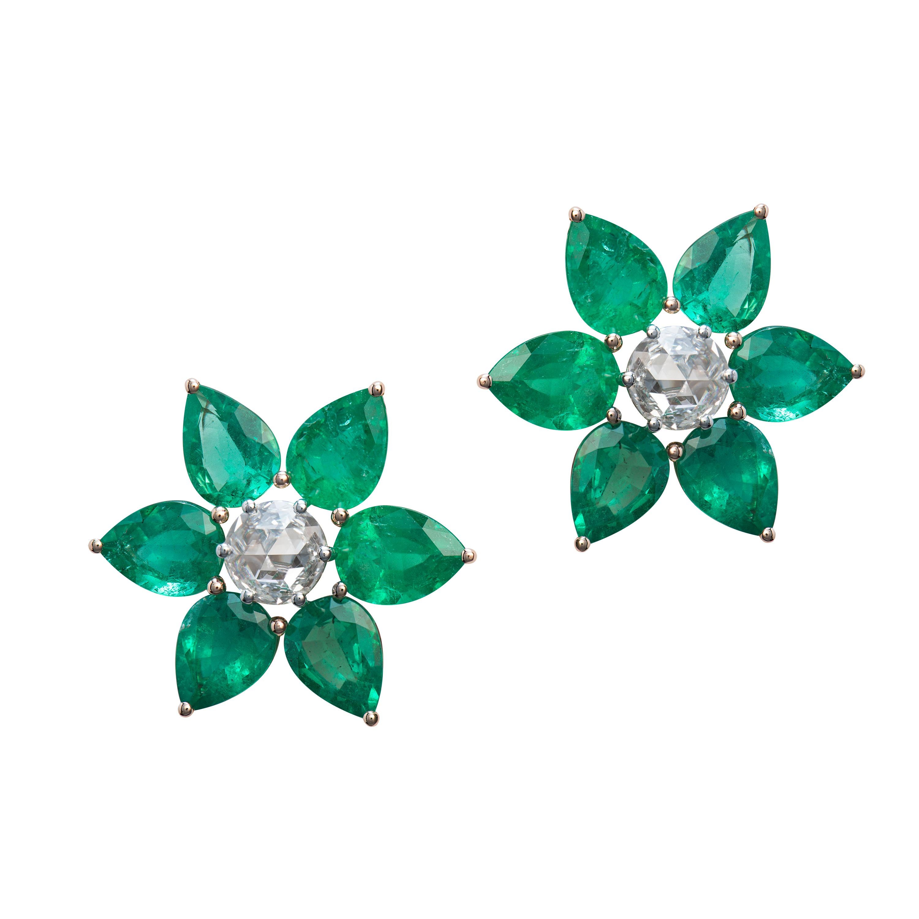 18 Karat Rose Gold Floral Rose-Cut Diamond Emerald Stud Earring For Sale