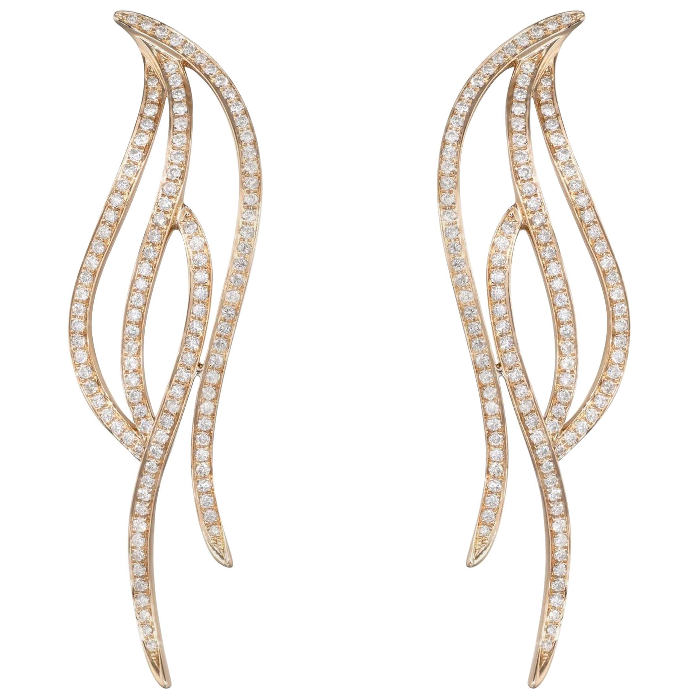 18 Karat Rose Gold Flow Long 4-Lines Diamond Earrings For Sale