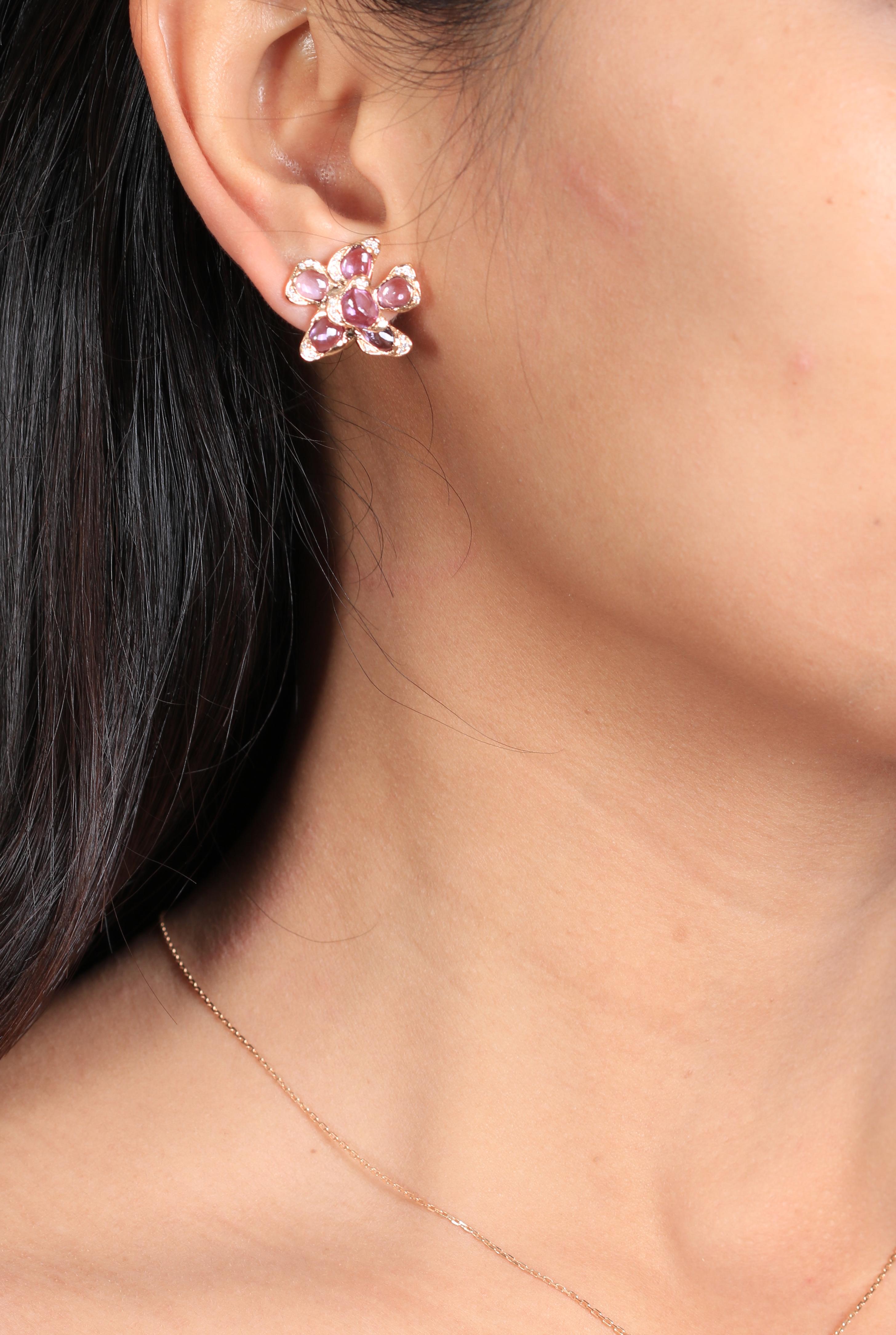Romantic 18 Karat Rose Gold Flower Earrings with Pink Sapphires