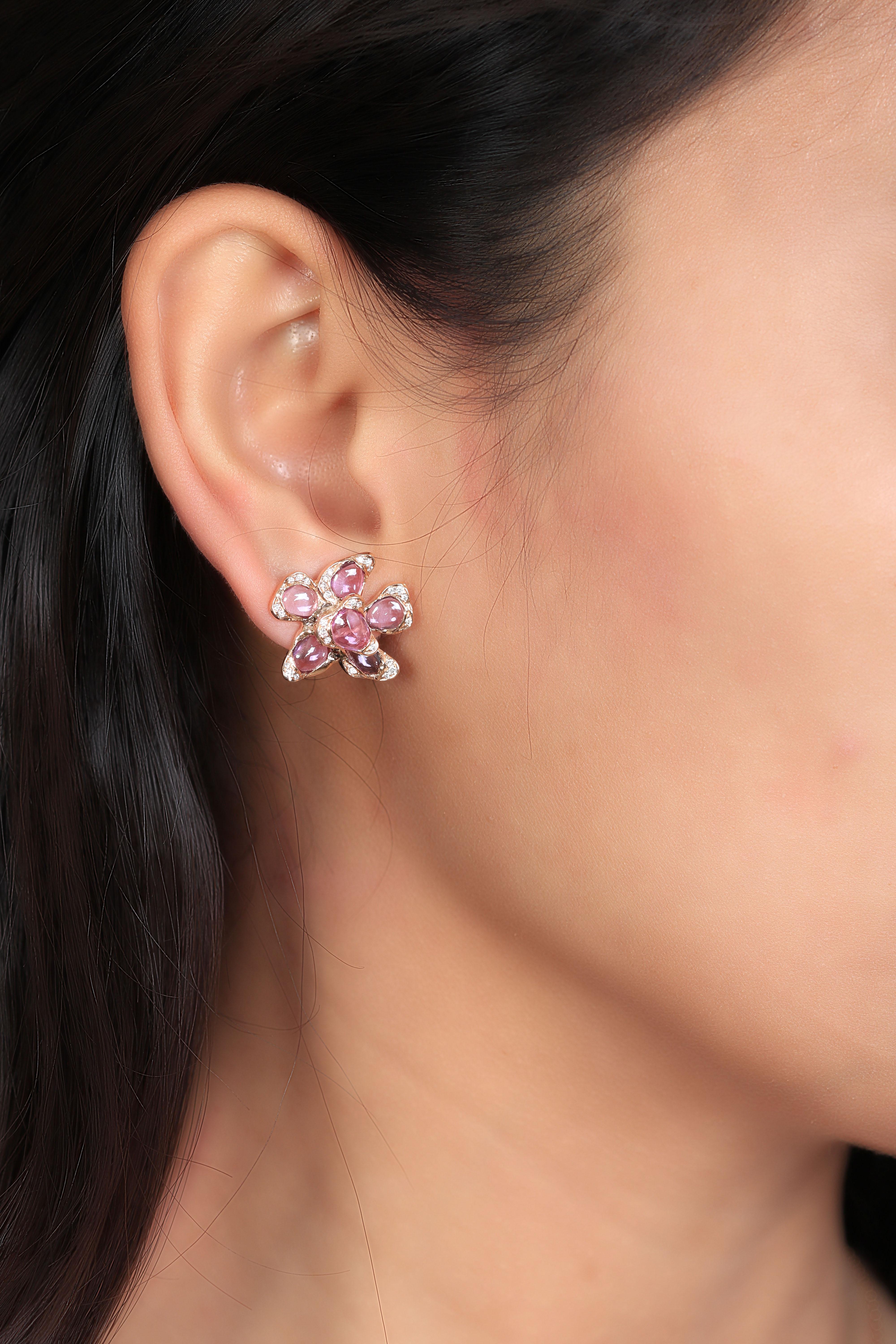 A real two classic, reinvented like pieces with rose gold and pink sapphires, truly illuminating. You will be anything but pink when you wear these magical and imaginative sapphire earrings. The light pink shades are creatively designed to shine.