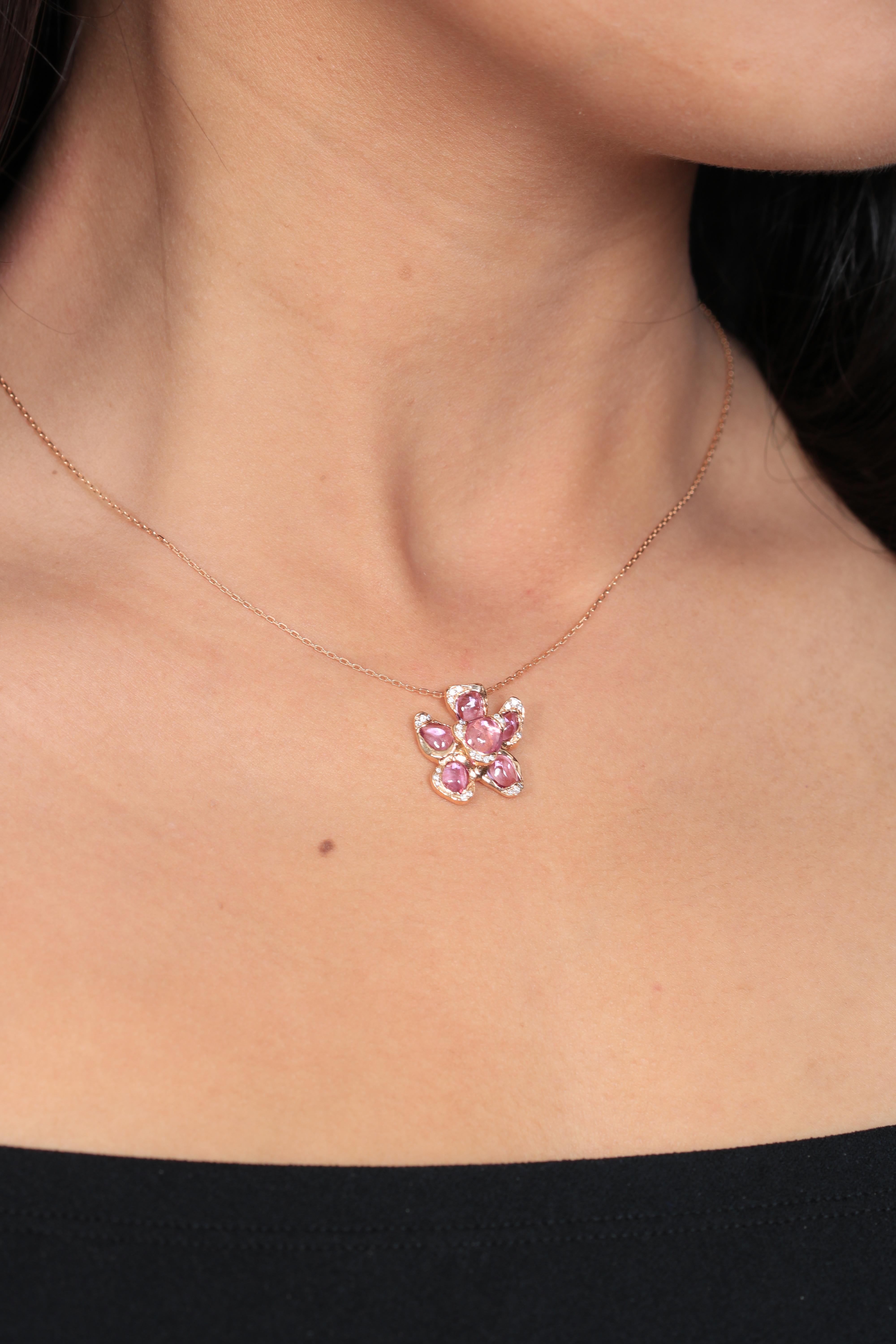 Romantic 18 Karat Rose Gold Flower Pendant with Pink Sapphires For Sale