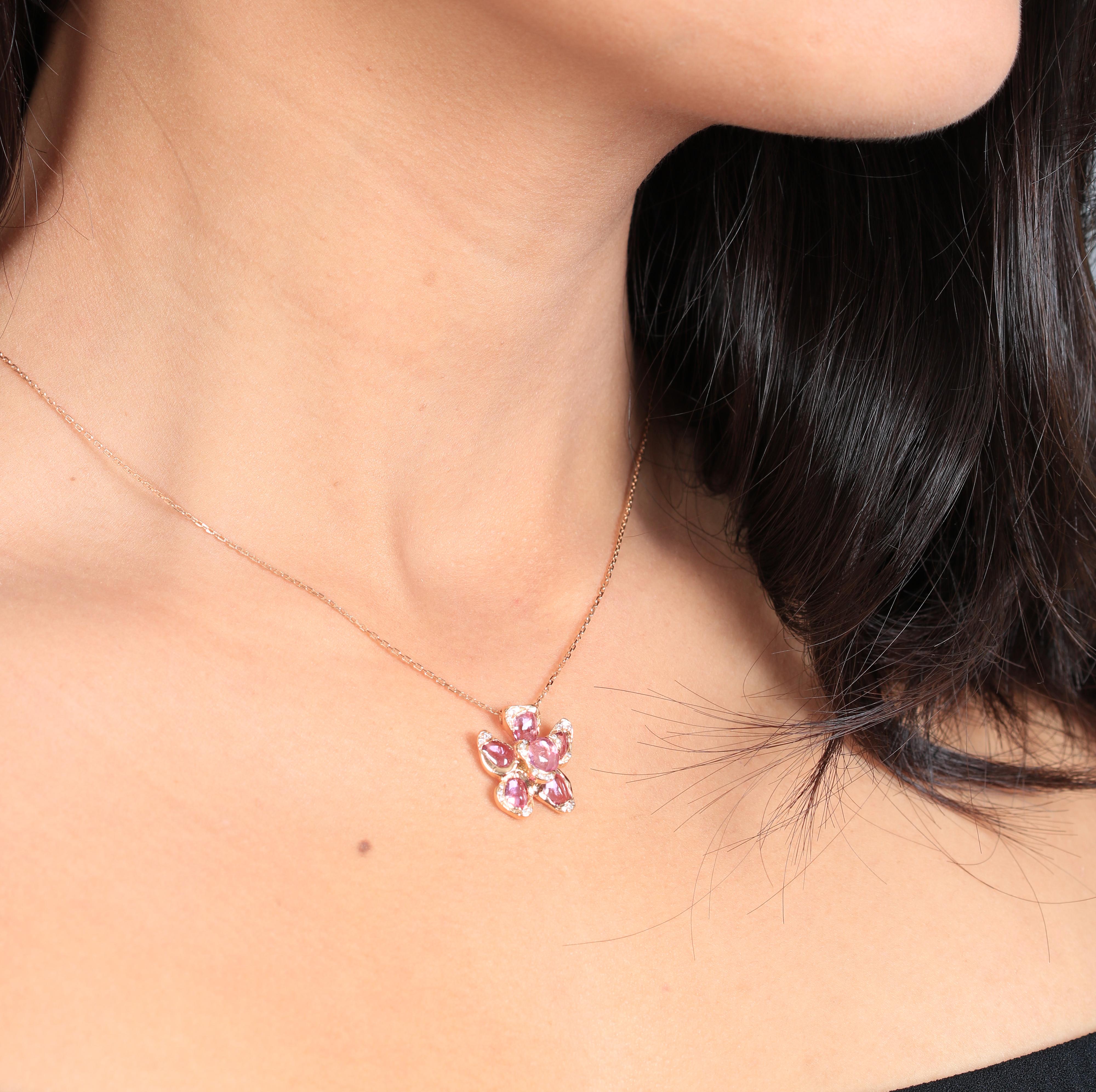 Rose Cut 18 Karat Rose Gold Flower Pendant with Pink Sapphires For Sale