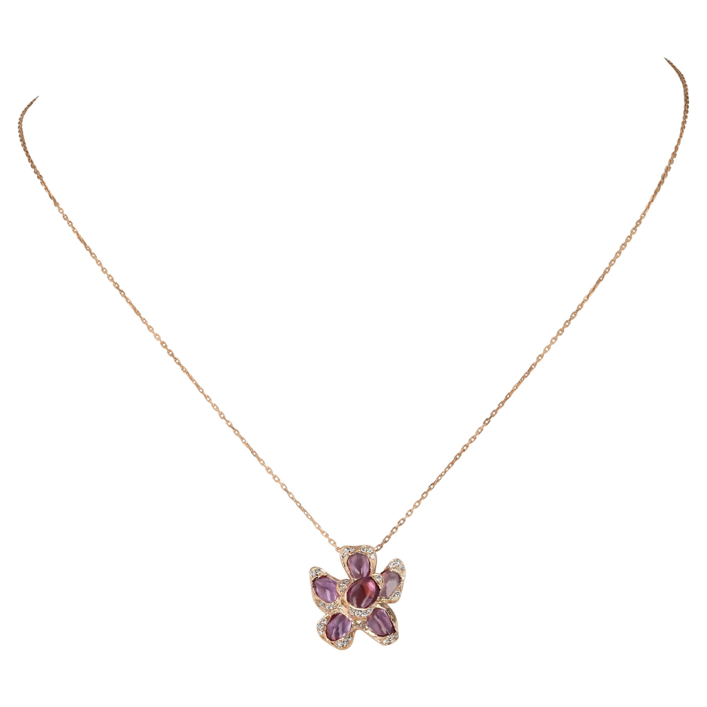 18 Karat Rose Gold Flower Pendant with Pink Sapphires For Sale