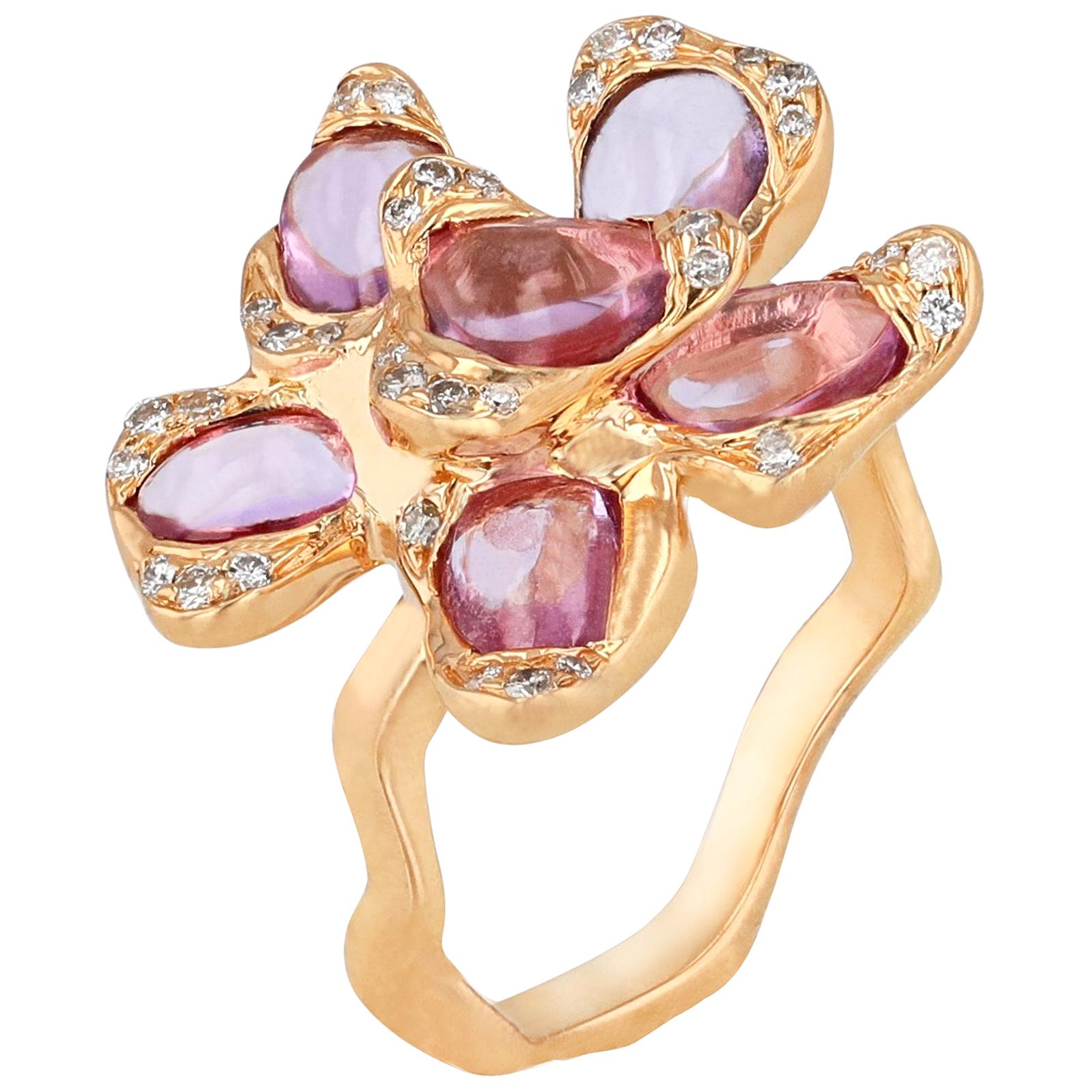 18 Karat Rose Gold Flower Ring with Pink Sapphires