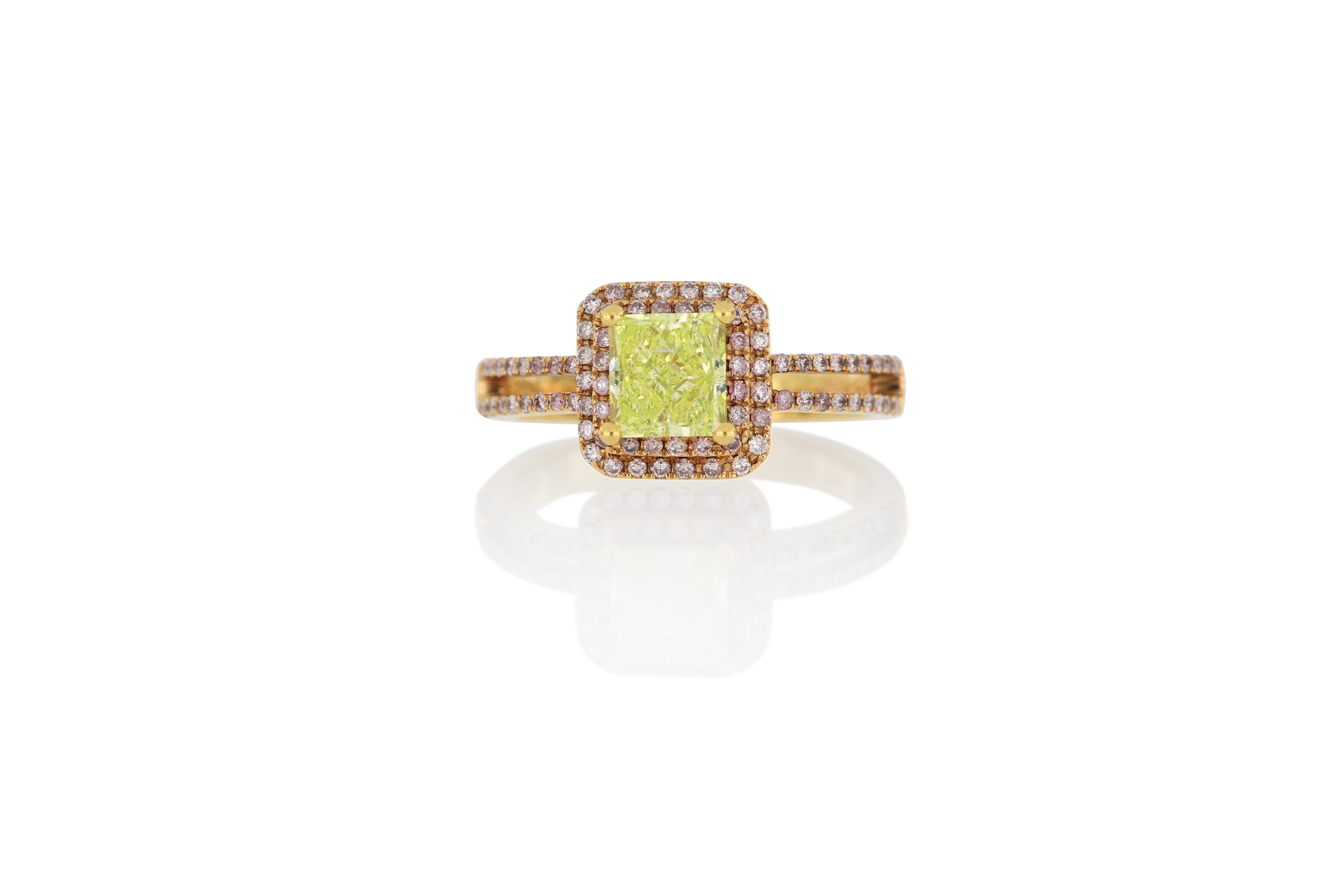 A natural coloured diamond ring, centering a rare square modified brilliant-cut natural Fancy Intense Green Yellow diamond weighing  1.04 carats, surrounded by natural pink diamonds, mounted in 18 Karat rose gold.
Accompanied by report from