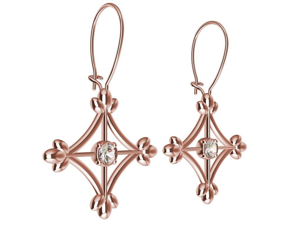 Round Cut 18 Karat Rose Gold GIA Diamonds Rhombus Flower Dangle Earrings For Sale