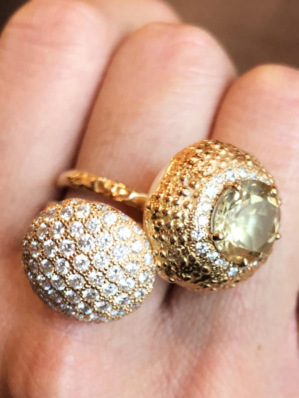 Bubbling head Ring in 18 karat Rose Gold gr. 10,50; the inspiration of the design comes from molding a sea urching into gold, with a Citrine center stone Carat 3,14 surrounded by white Diamond pavè Carat gr 0,28; underneath the rose gold sea urchin