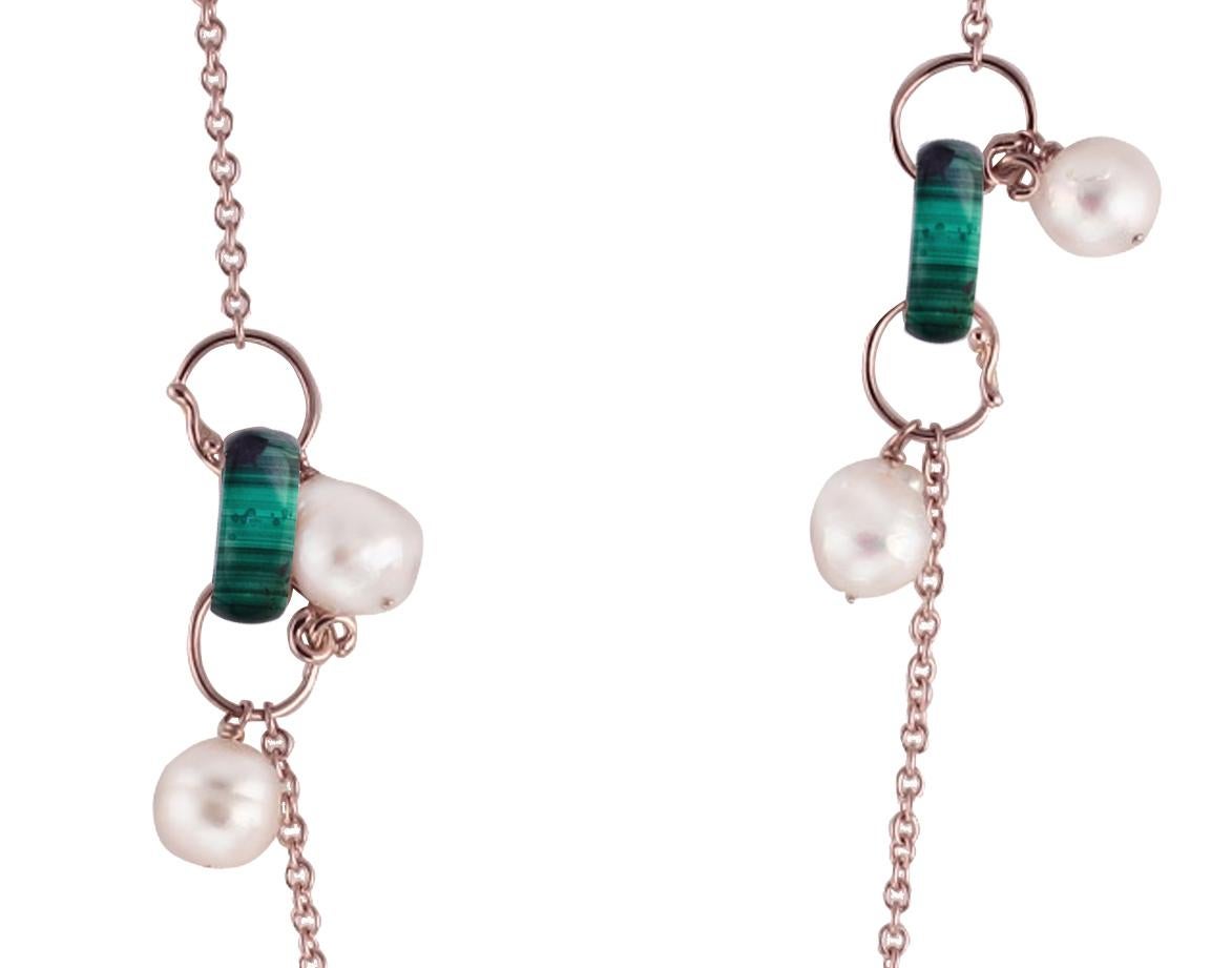 Long Malachite and Japanese white Pearl Necklace: 18 Karat Rose Gold rollò chain is intervalled with Federica Rettore iconic 