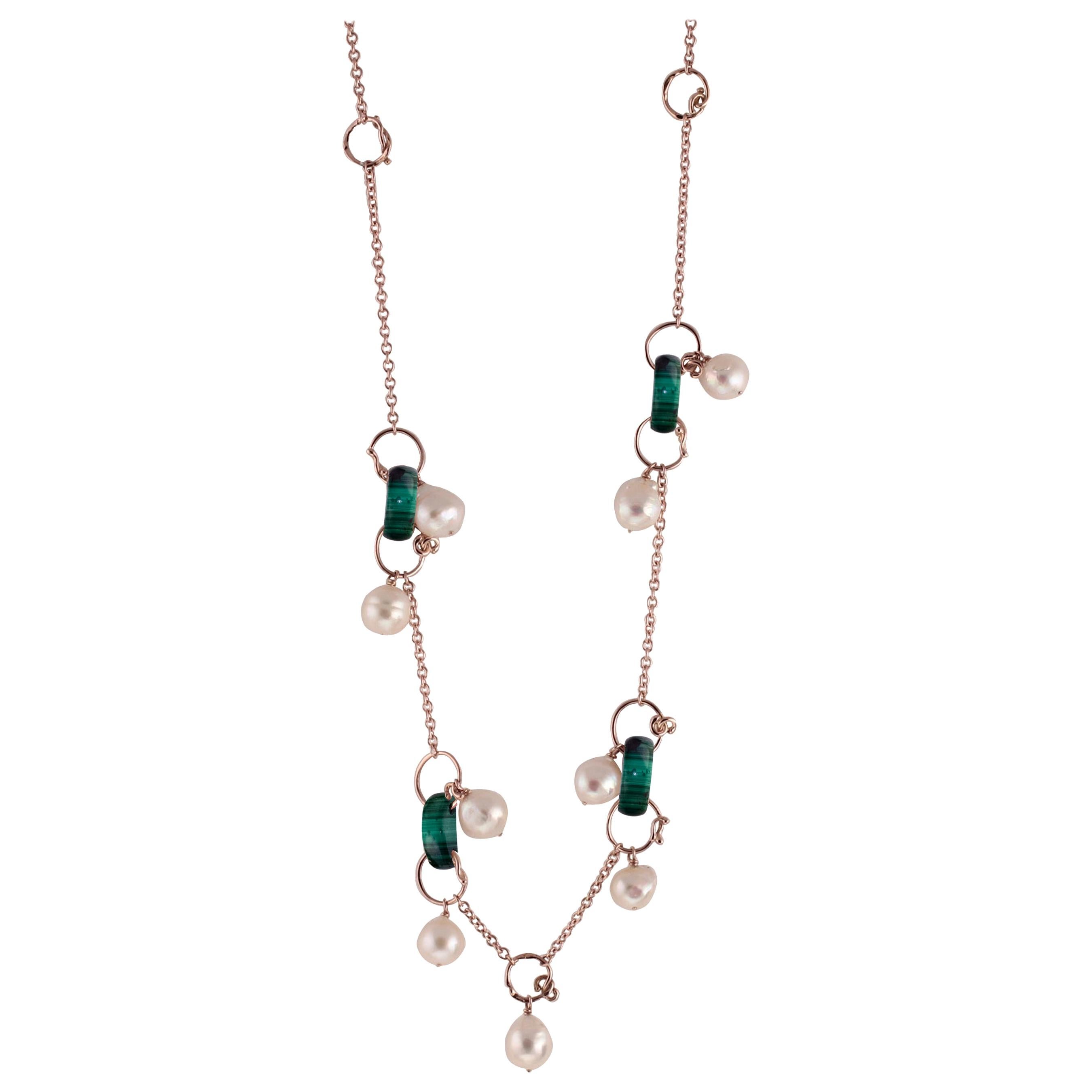 18 Karat Rose Gold Gr. 25.00, Japanese Pearls, Malachite, Necklace For Sale