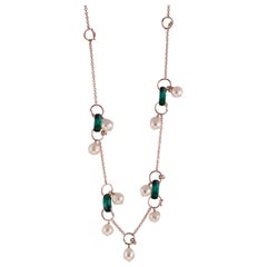 18 Karat Rose Gold Gr. 25.00, Japanese Pearls, Malachite, Necklace