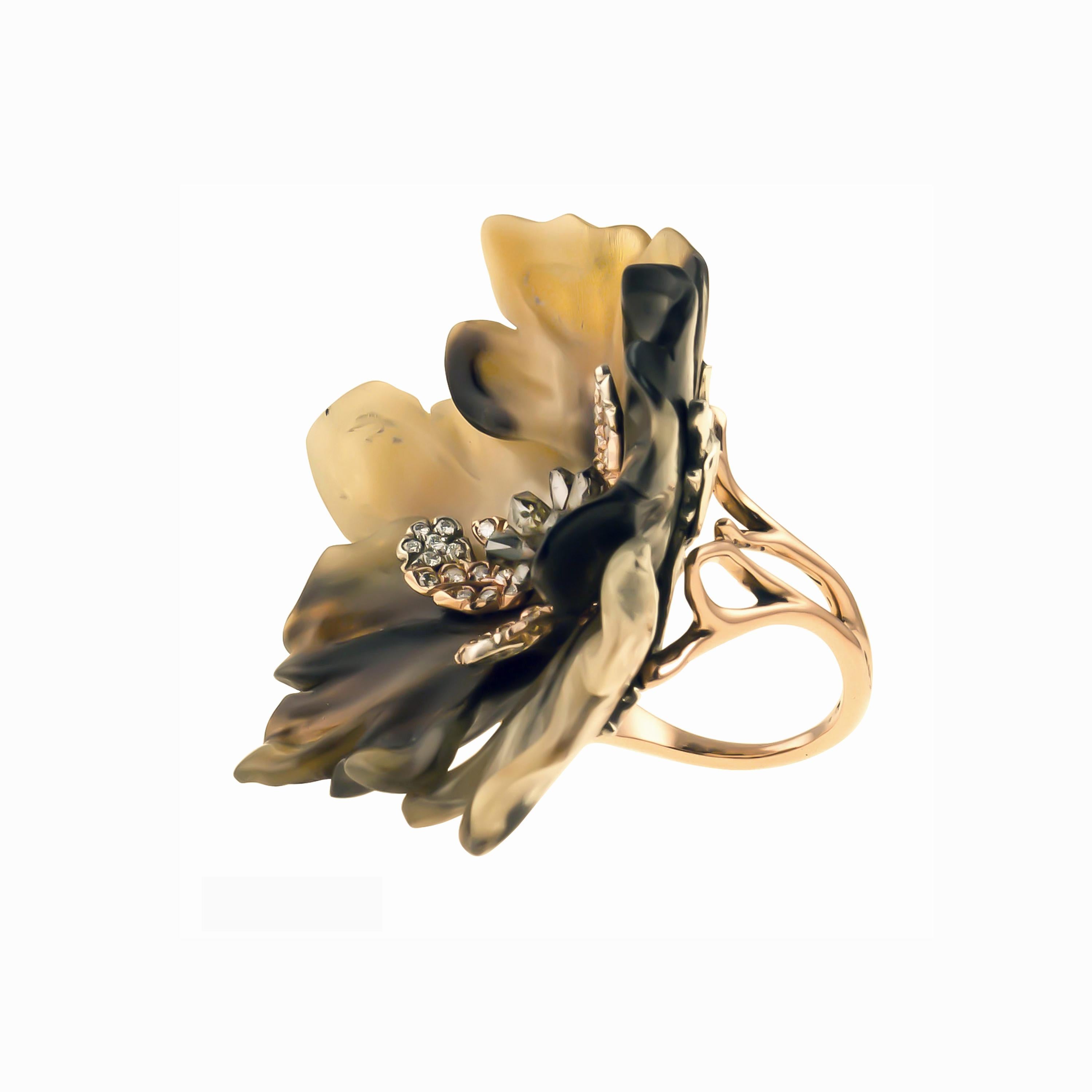 One of a Kind Cocktail ring; the design of the band in 18 karat rose Gold gr. 6,30, is inspired from a tree branch that carries on the top a Flower in Zebu black and blond melange nuances; the pistils in the center is a pavè in rose gold with white