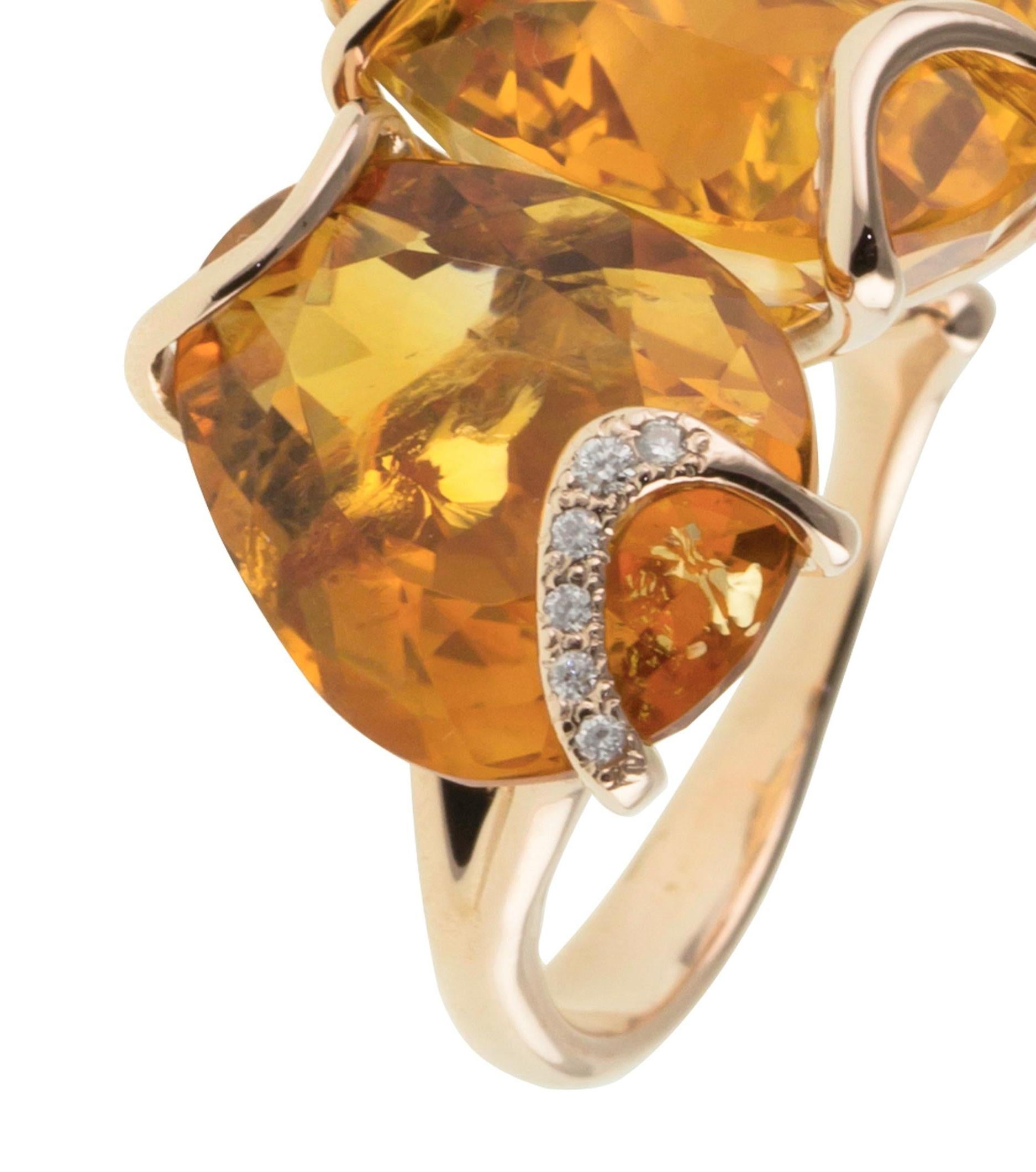 Cocktail Ring in 18Karat Rose Gold gr. 8,10; Round cut Diamond pavè ct. 0,09; Citrine Quartz ct. 22,50; the design is inspired from a Crocus flower bud that grows from a  branch tree