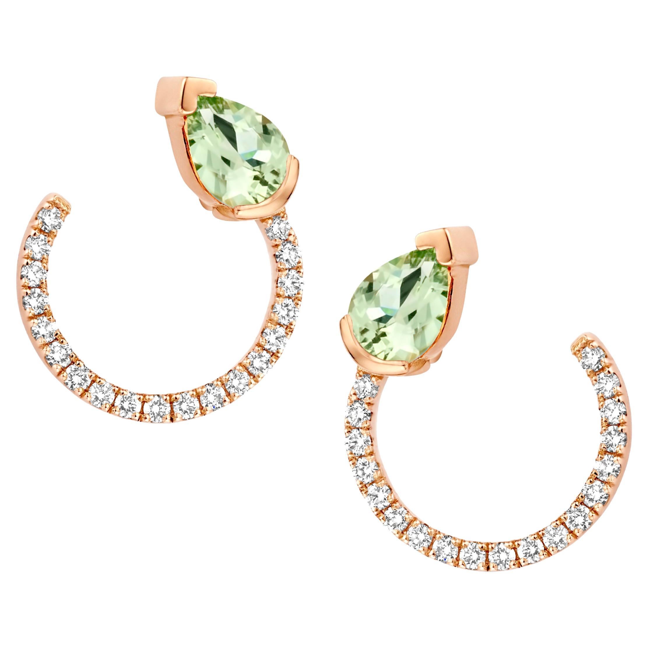 18 Karat Rose Gold Green Beryl Diamond Curved Earrings For Sale