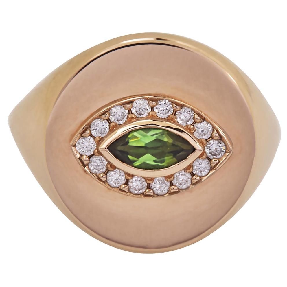 18 Karat Recycled Rose Gold, Green Tourmaline Marquise Cut and Diamond, Eye Ring For Sale