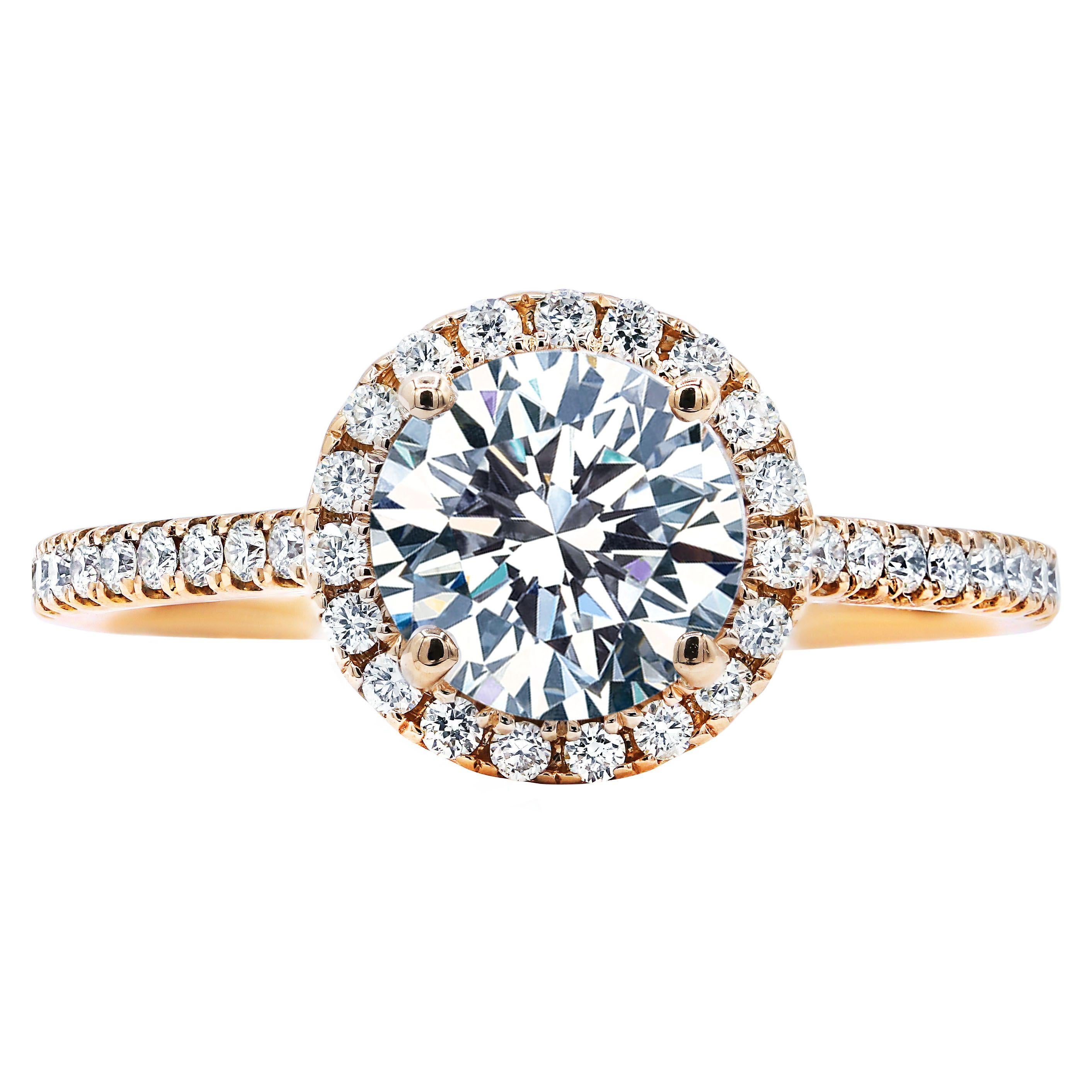18 Karat Rose Gold Halo Engagement Ring with 1.55 Carat & 0.38 Cts Round Diamond In New Condition For Sale In New York, NY