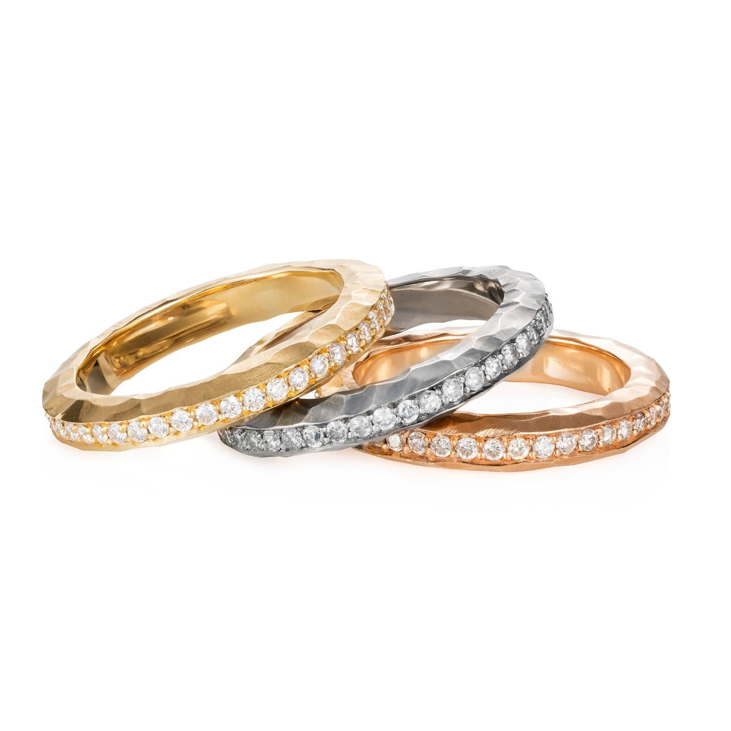 This Sweet Pea 18k hammered brushed rose gold eternity band ring is set with champagne sparkling diamonds. The textured piece has a lovely weight and is truly stunning. The band is 3.5mm wide and the total diamond weight is 0.45ct. This ring is a UK