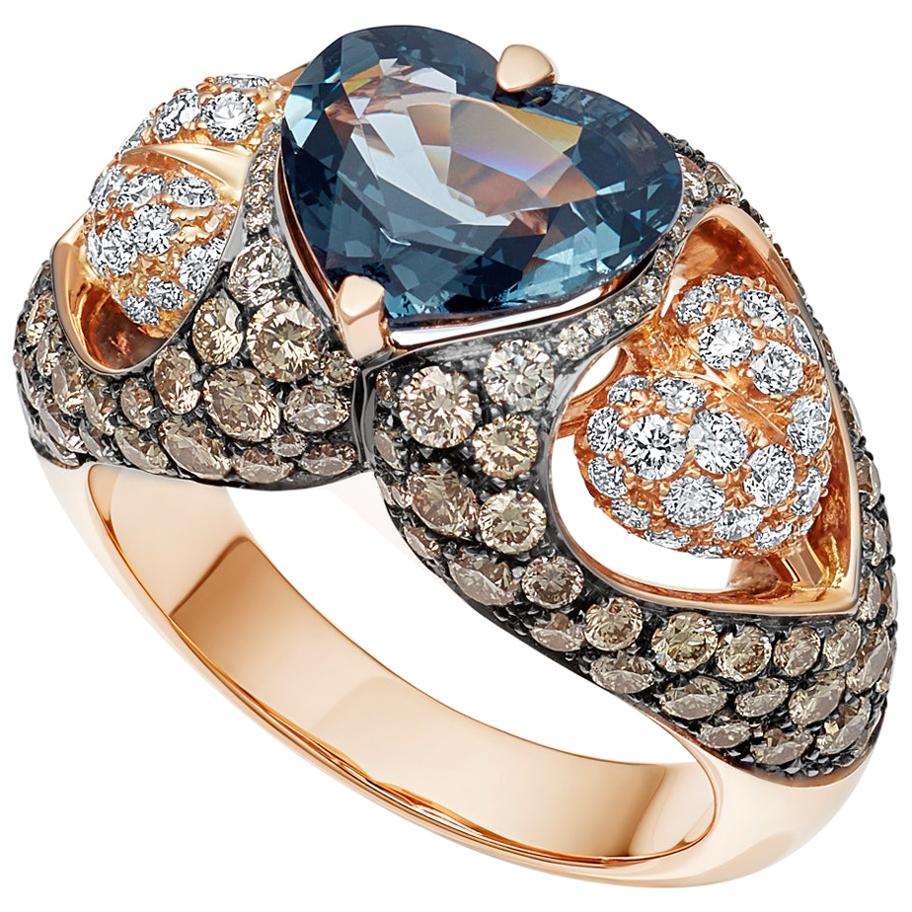 18 Karat Rose Gold Heart Blue Spinel and Diamond Engagement Ring