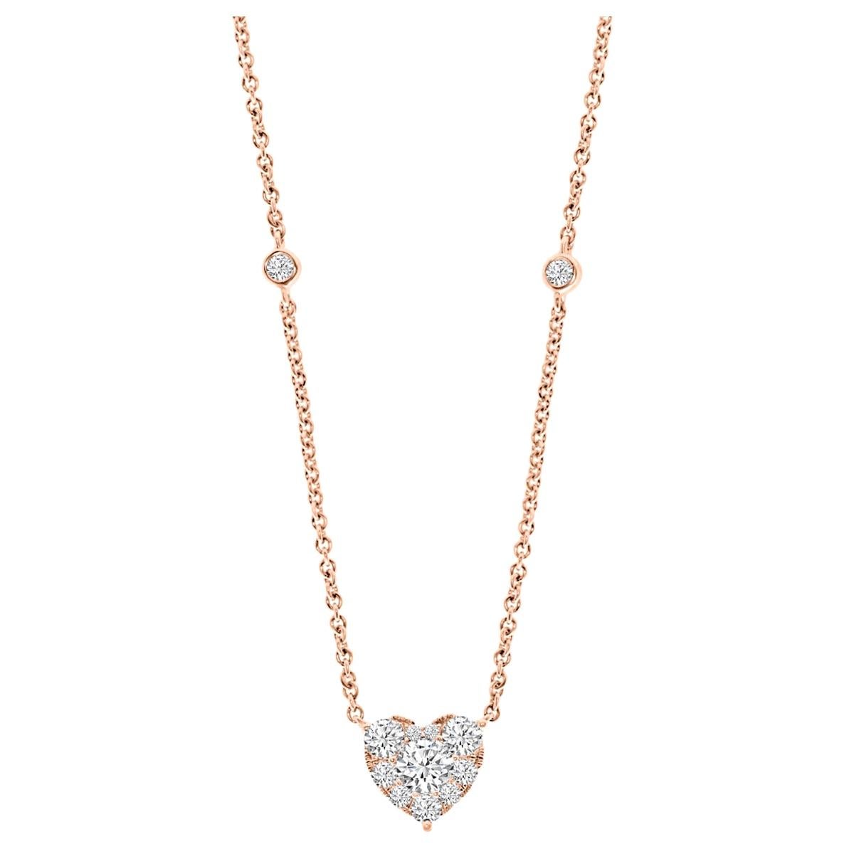 18 Karat Rose Gold Heart Shape Diamonds Cluster Necklace For Sale