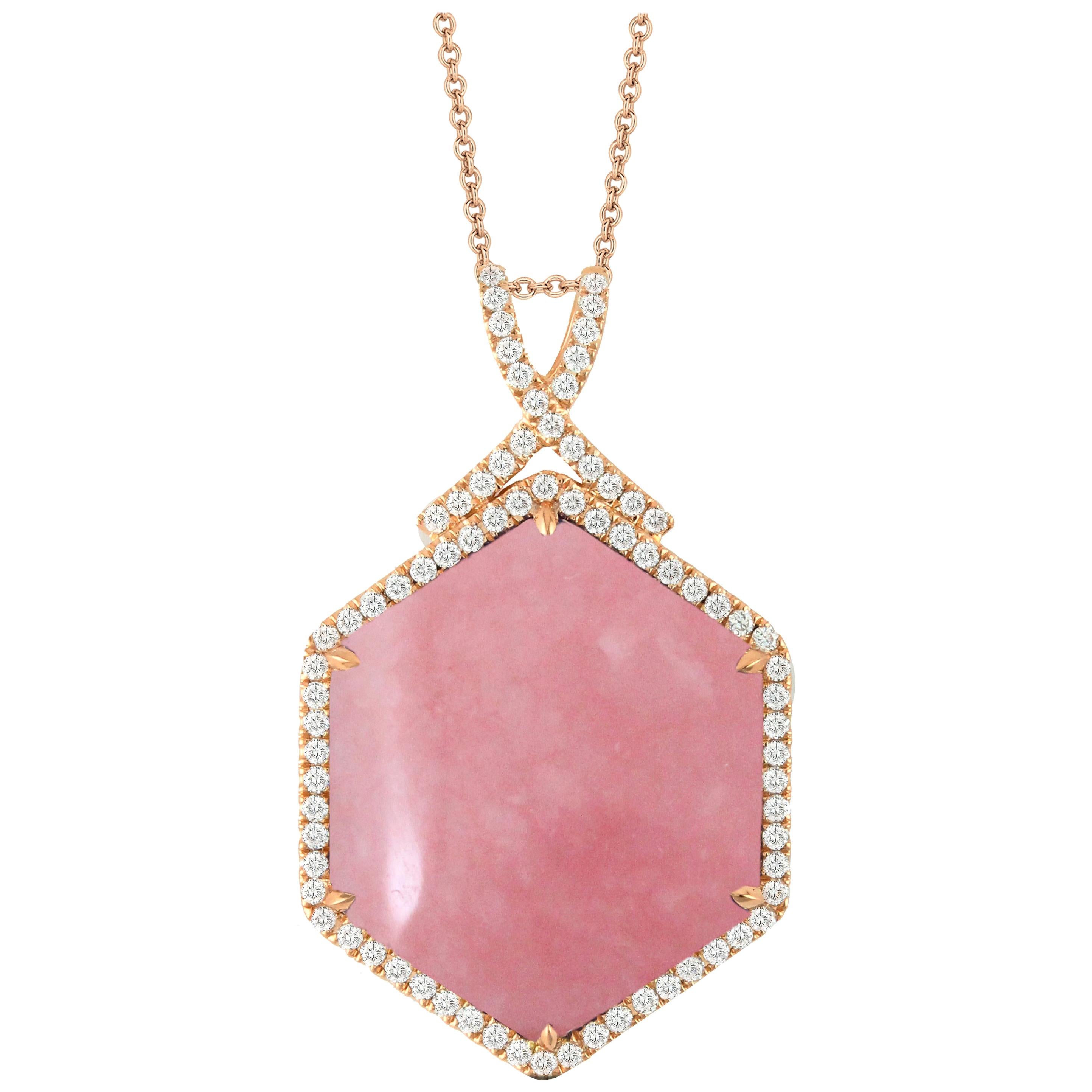 18 Karat Rose Gold Hexagon Pendant Necklace with Cabochon Pink Opal and Diamonds For Sale