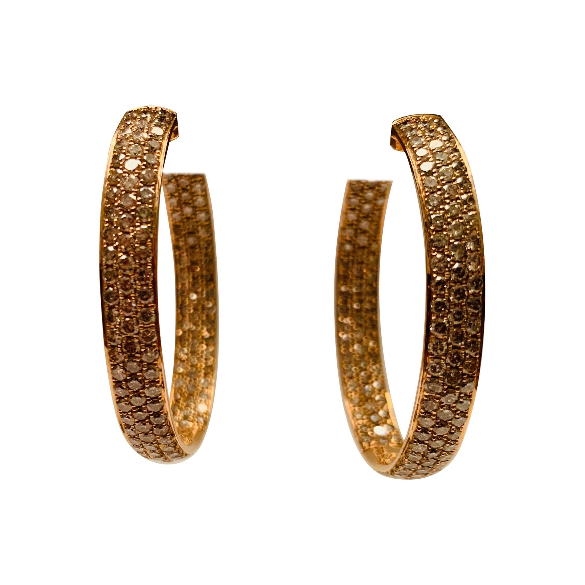 18 Karat Rose Gold Hinged Hoop Style Earrings Pave Set with Champagne Diamonds