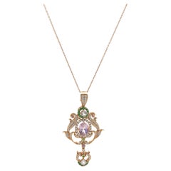 18 Karat Rose Gold Kunzite, Diamond, and Tsavorite Drop Pendant