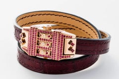 18 Karat Rose Gold Leather Wrap Ruby Pave Code Bracelet